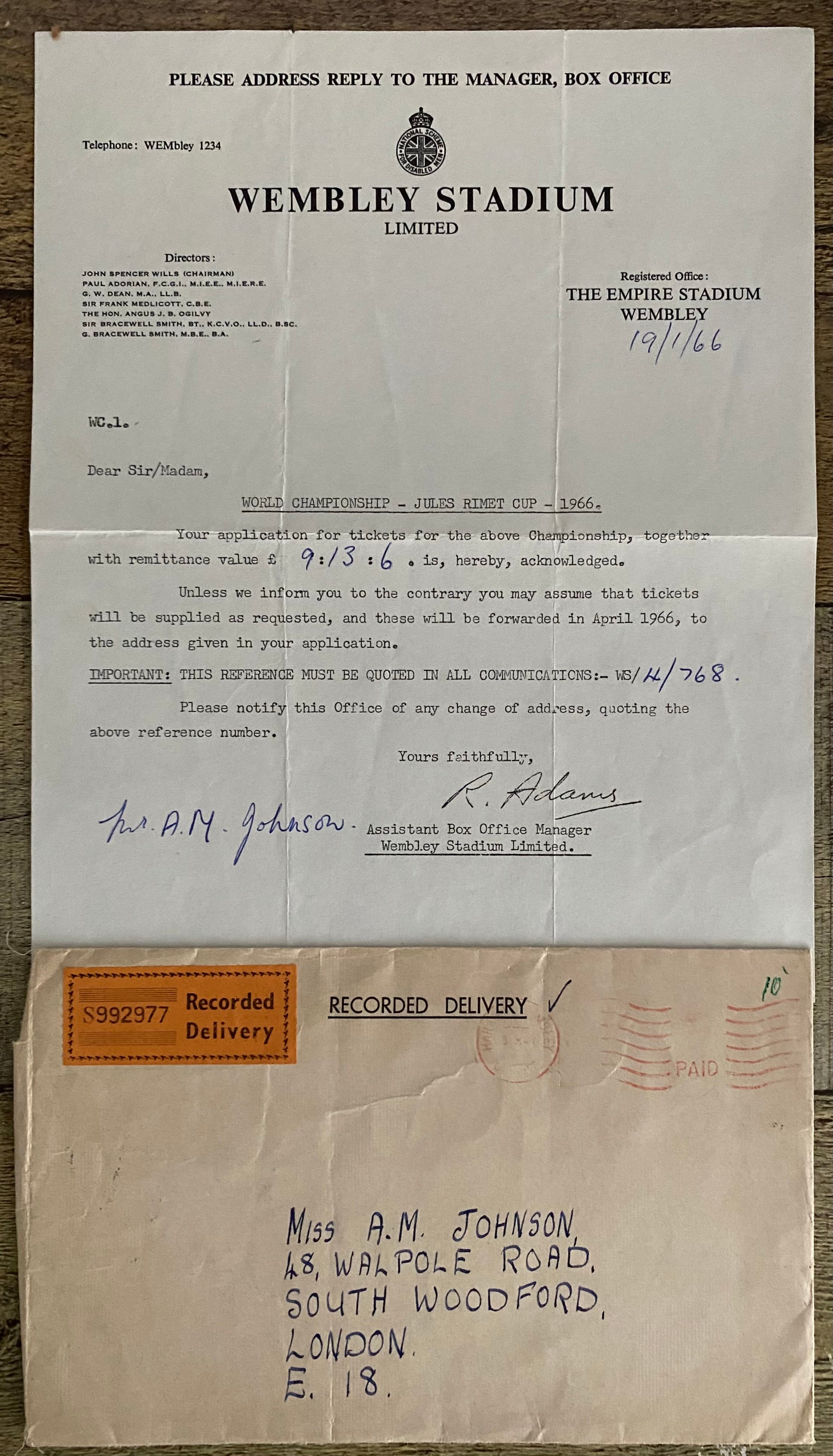 1966 WORLD CUP ORIGINAL OFFICIAL LETTER (WEMBLEY TICKET SALES) JAN 1966 & ORIGINAL ENVELOPE