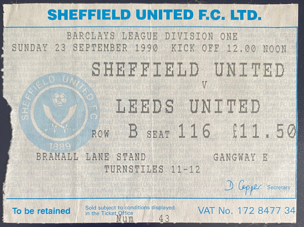 1990/91 ORIGINAL DIVISION 1 TICKET SHEFFIELD UNITED V LEEDS UNITED