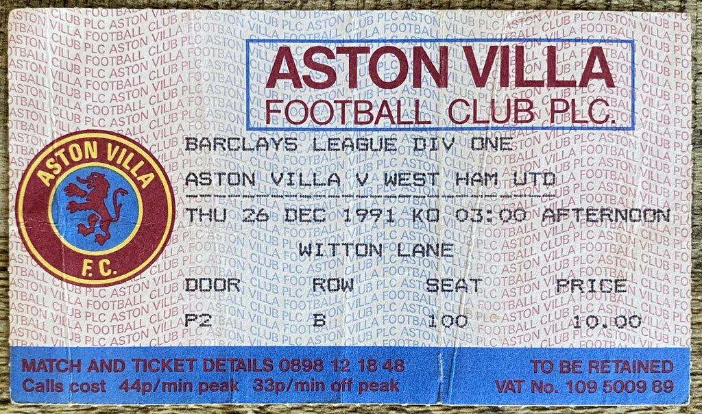 1991/92 ORIGINAL DIVISION 1 TICKET ASTON VILLA V WEST HAM UNITED