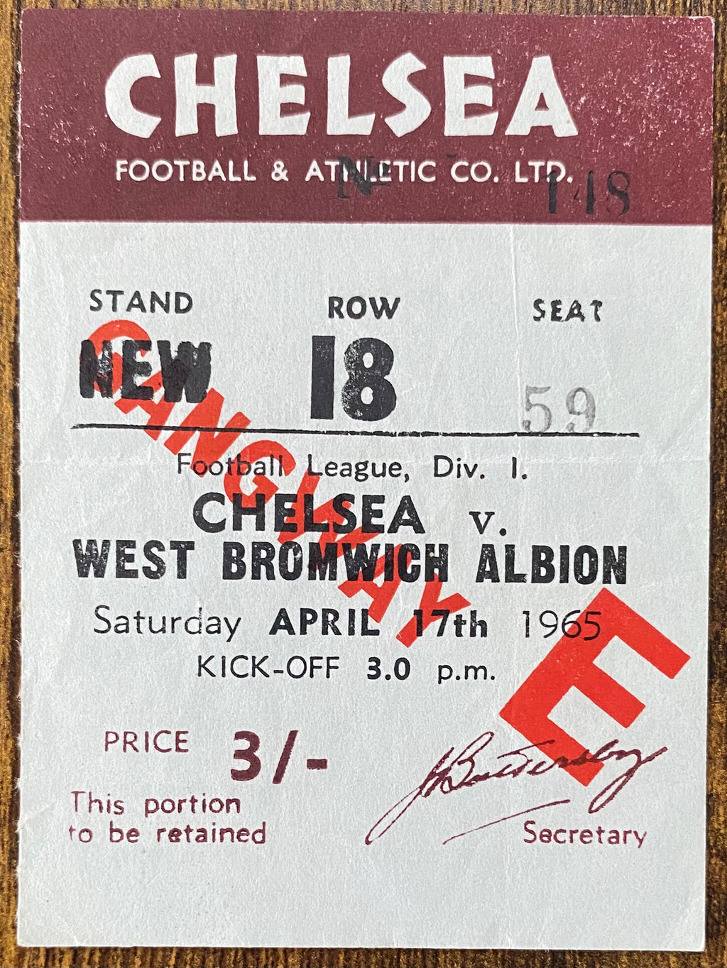 1964/65 ORIGINAL DIVISION 1 TICKET CHELSEA V WEST BROMWICH ALBION