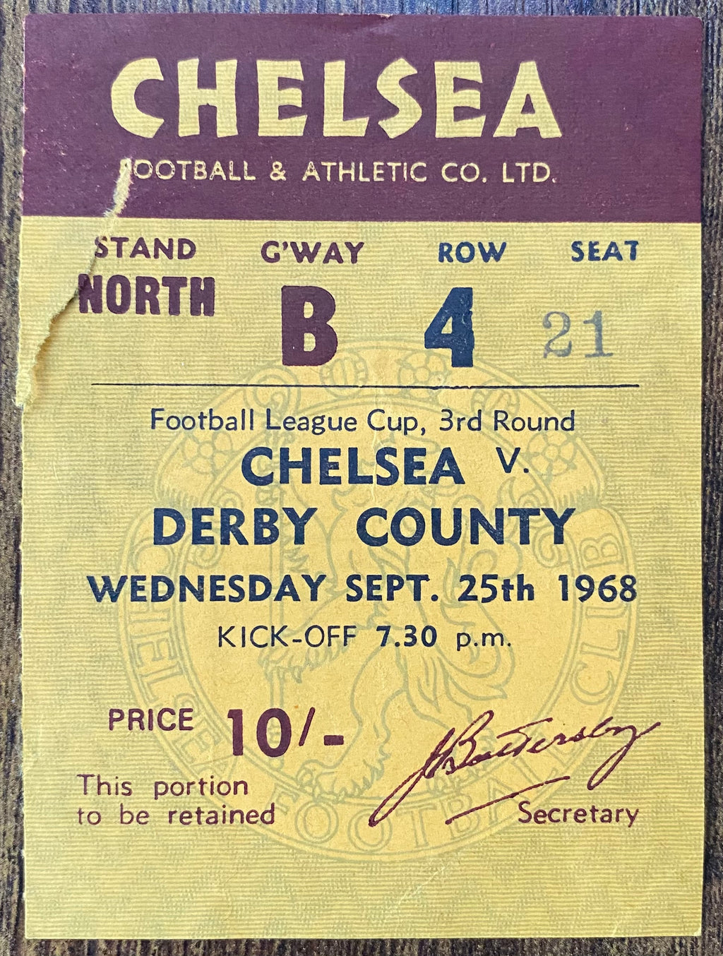 1968/69 ORIGINAL LEAGUE CUP 3RD ROUND TICKET CHELSEA V DERBY COUNTY