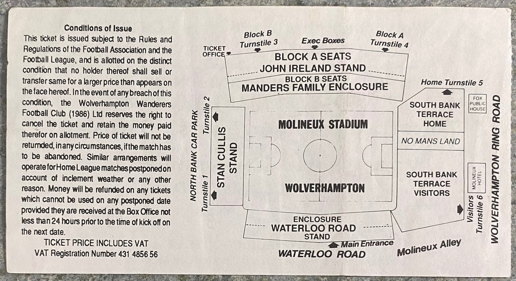 1992/93 ORIGINAL DIVISION 1 TICKET WOLVERHAMPTON WANDERERS V WATFORD