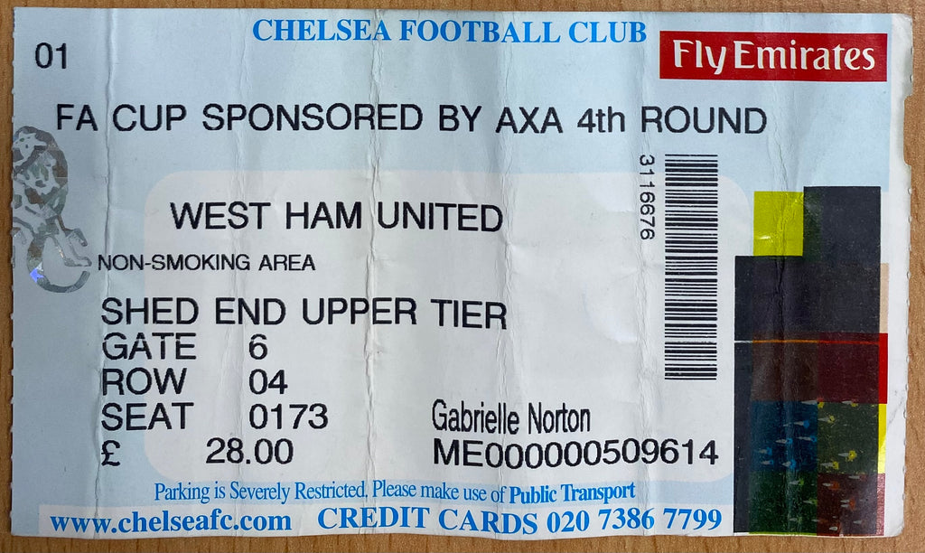 2001/02 ORIGINAL FA CUP 4TH ROUND TICKET CHELSEA V WEST HAM UNITED