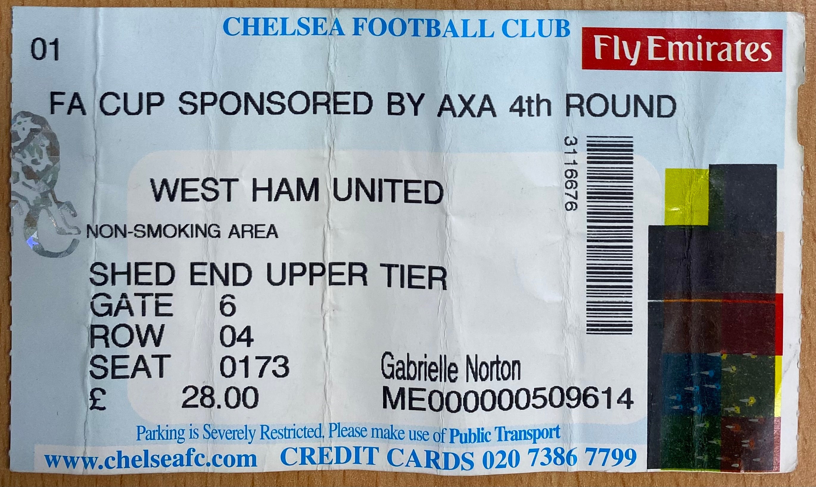 2001/02 ORIGINAL FA CUP 4TH ROUND TICKET CHELSEA V WEST HAM UNITED