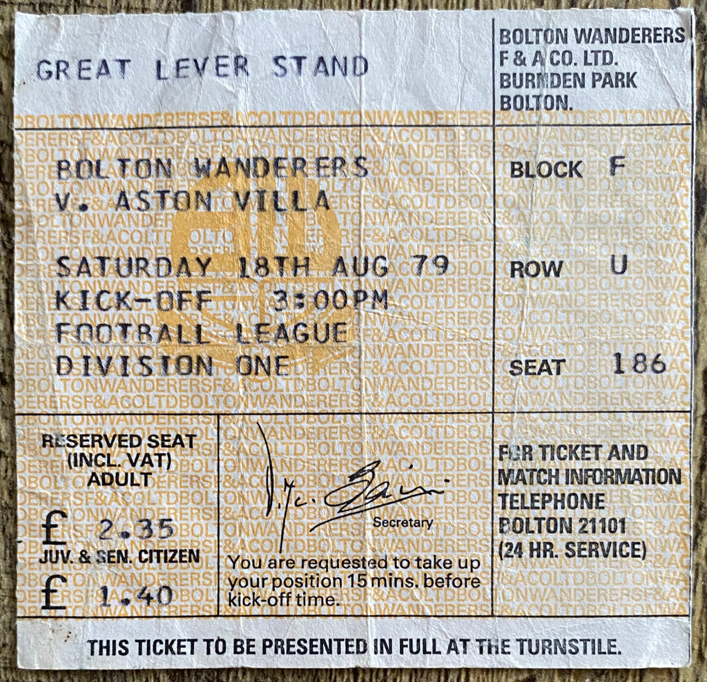 1979/80 ORIGINAL DIVISION 1 TICKET BOLTON WANDERERS V ASTON VILLA