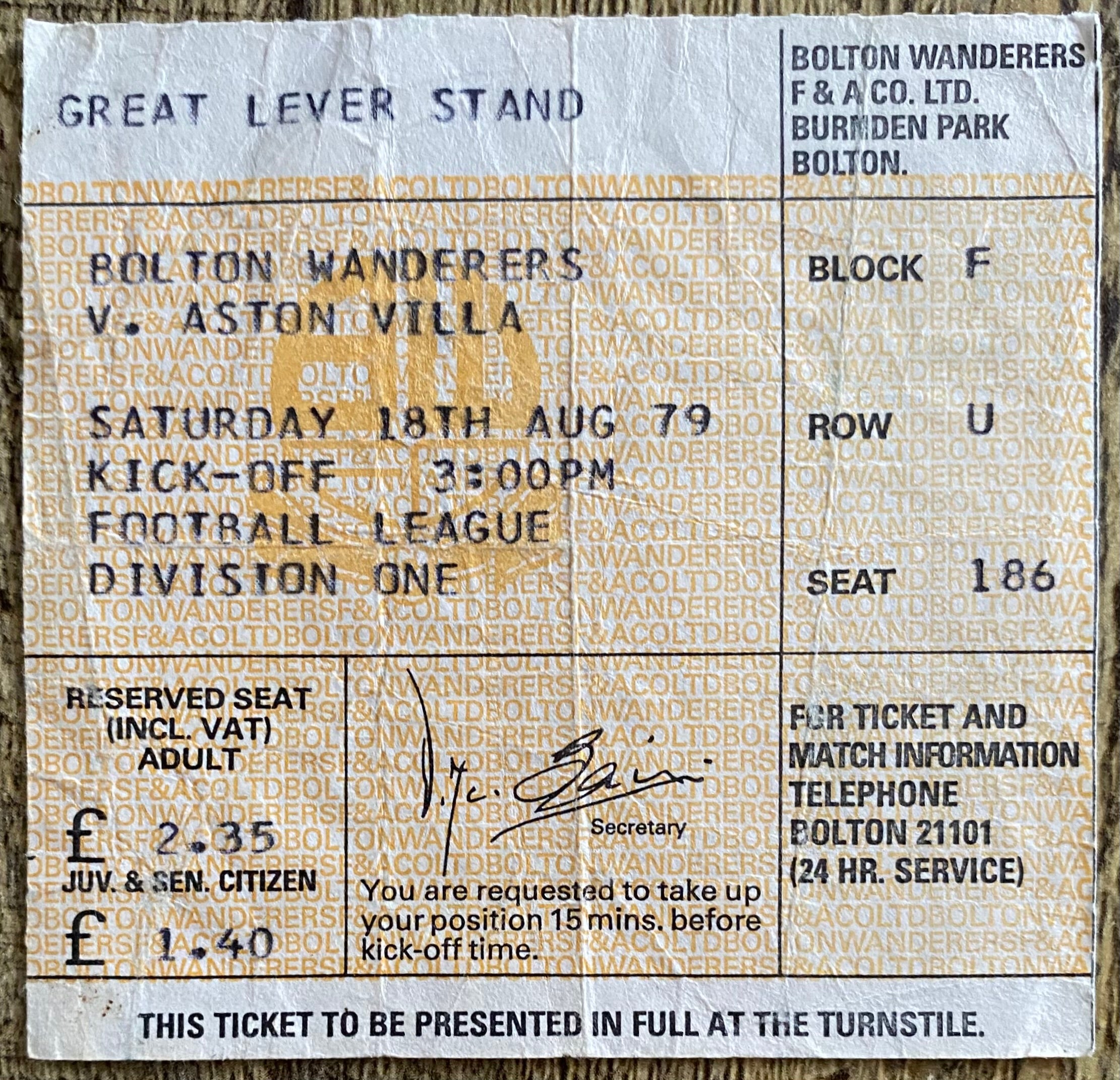 1979/80 ORIGINAL DIVISION 1 TICKET BOLTON WANDERERS V ASTON VILLA