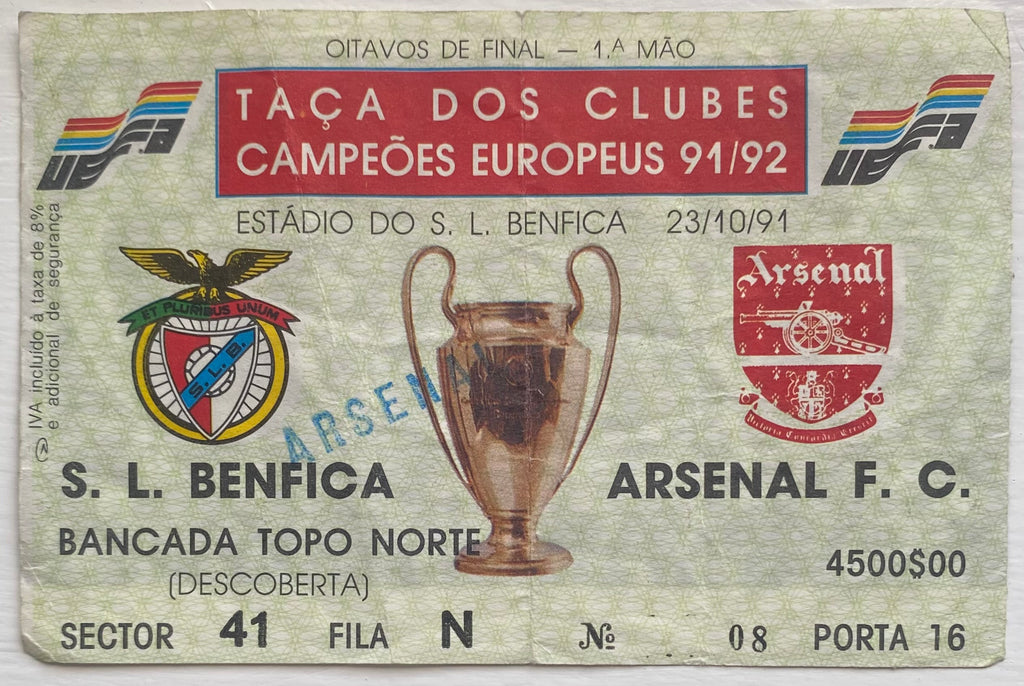 1991/92 ORIGINAL EUROPEAN CUP 2ND ROUND 1ST LEG TICKET BENFICA V ARSENAL