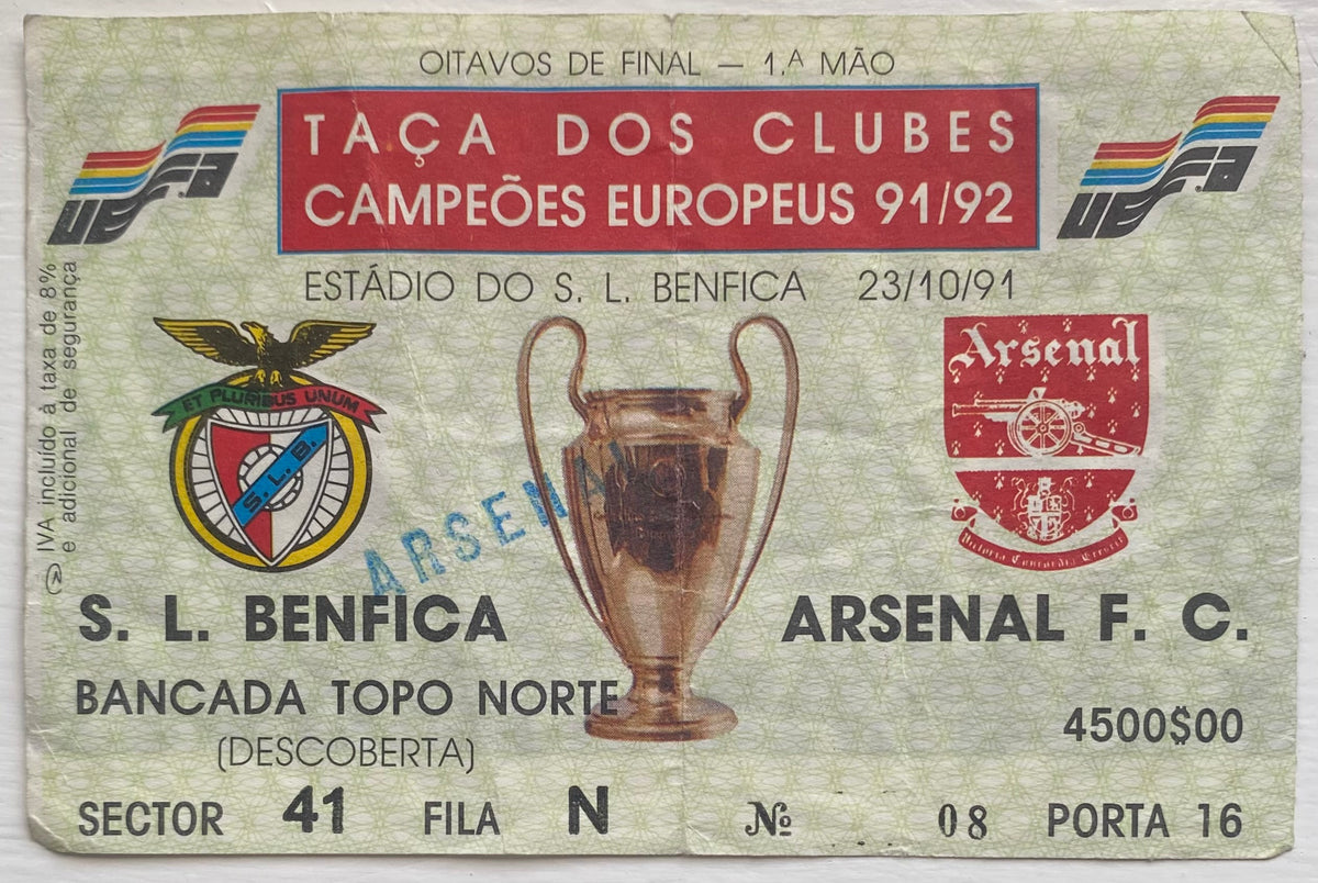 1991/92 ORIGINAL EUROPEAN CUP 2ND ROUND 1ST LEG TICKET BENFICA V ARSENAL