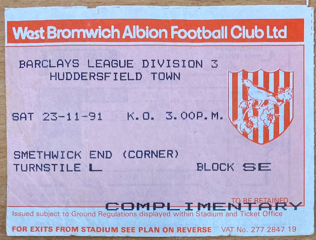 1991/92 ORIGINAL DIVISION 3 TICKET WEST BROMWICH ALBION V HUDDERSFIELD TOWN