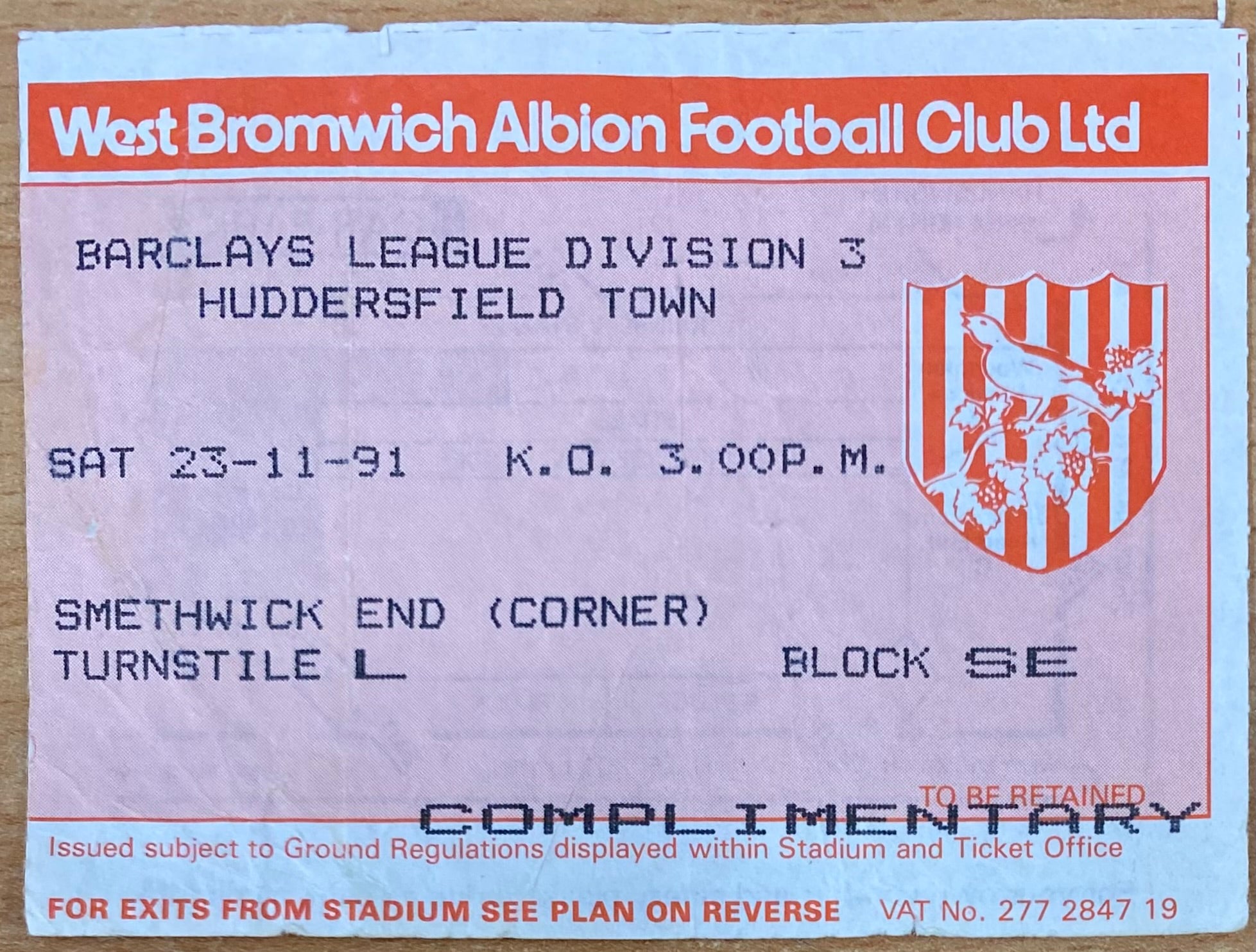 1991/92 ORIGINAL DIVISION 3 TICKET WEST BROMWICH ALBION V HUDDERSFIELD TOWN