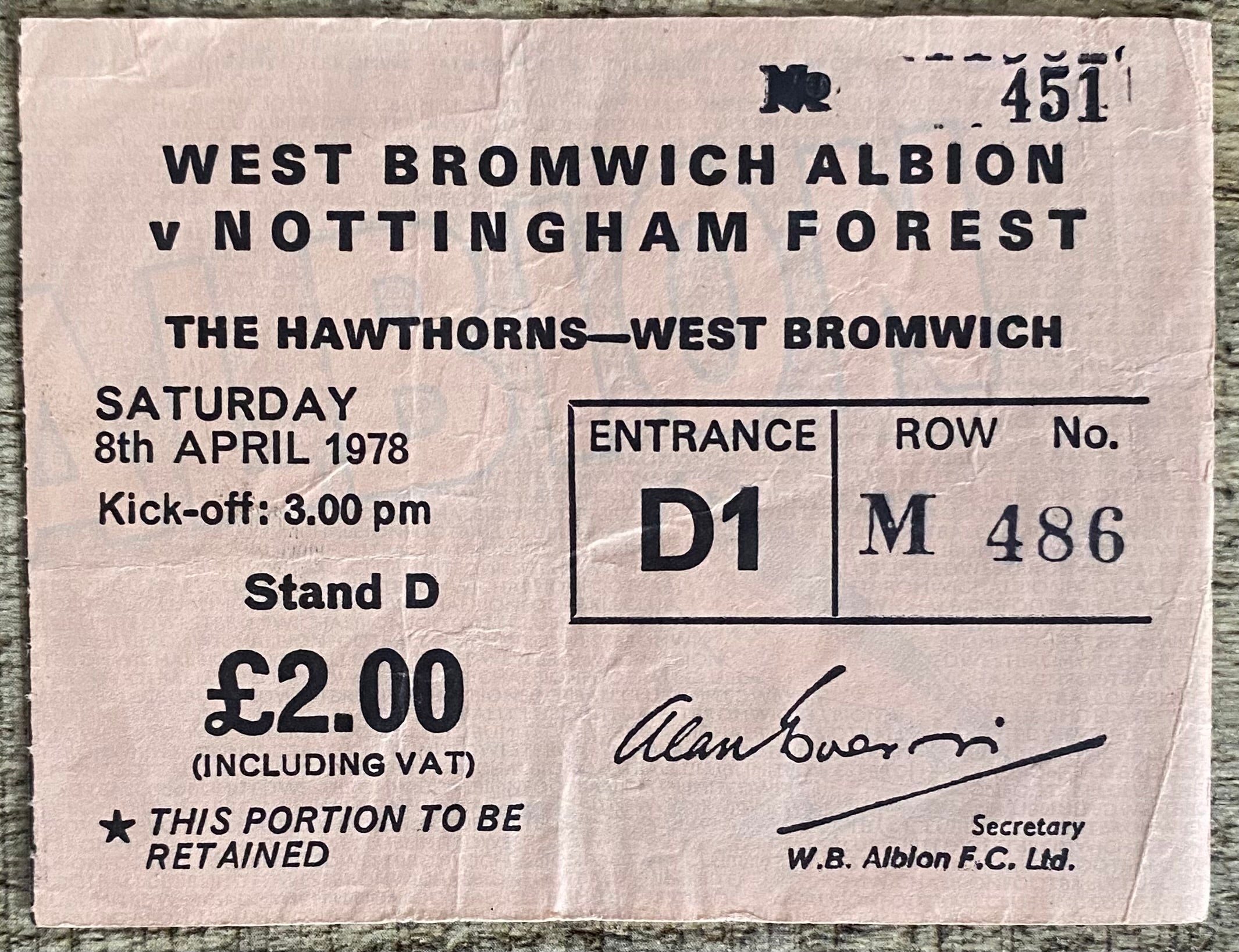 1977/78 ORIGINAL DIVISION 1 TICKET WEST BROMWICH ALBION V NOTTINGHAM FOREST
