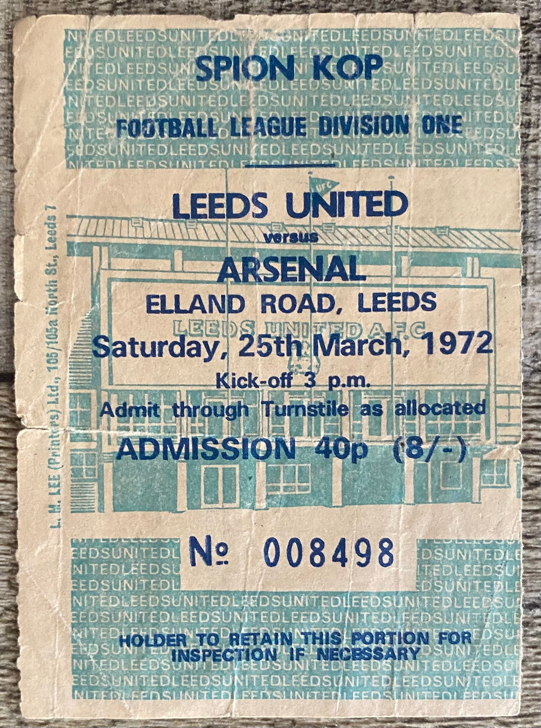 1971/72 ORIGINAL DIVISION ONE TICKET LEEDS UNITED V ARSENAL