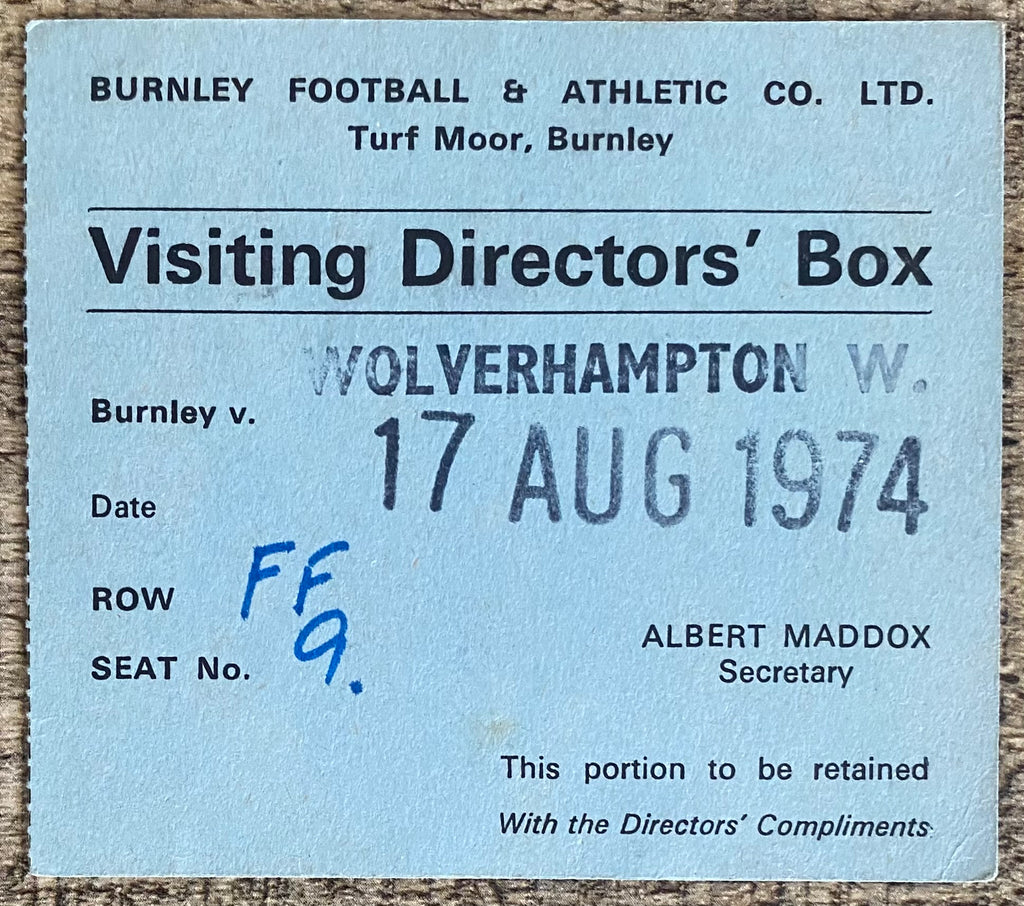 1974/75 ORIGINAL DIVISION 1 TICKET BURNLEY V WOLVERHAMPTON WANDERERS