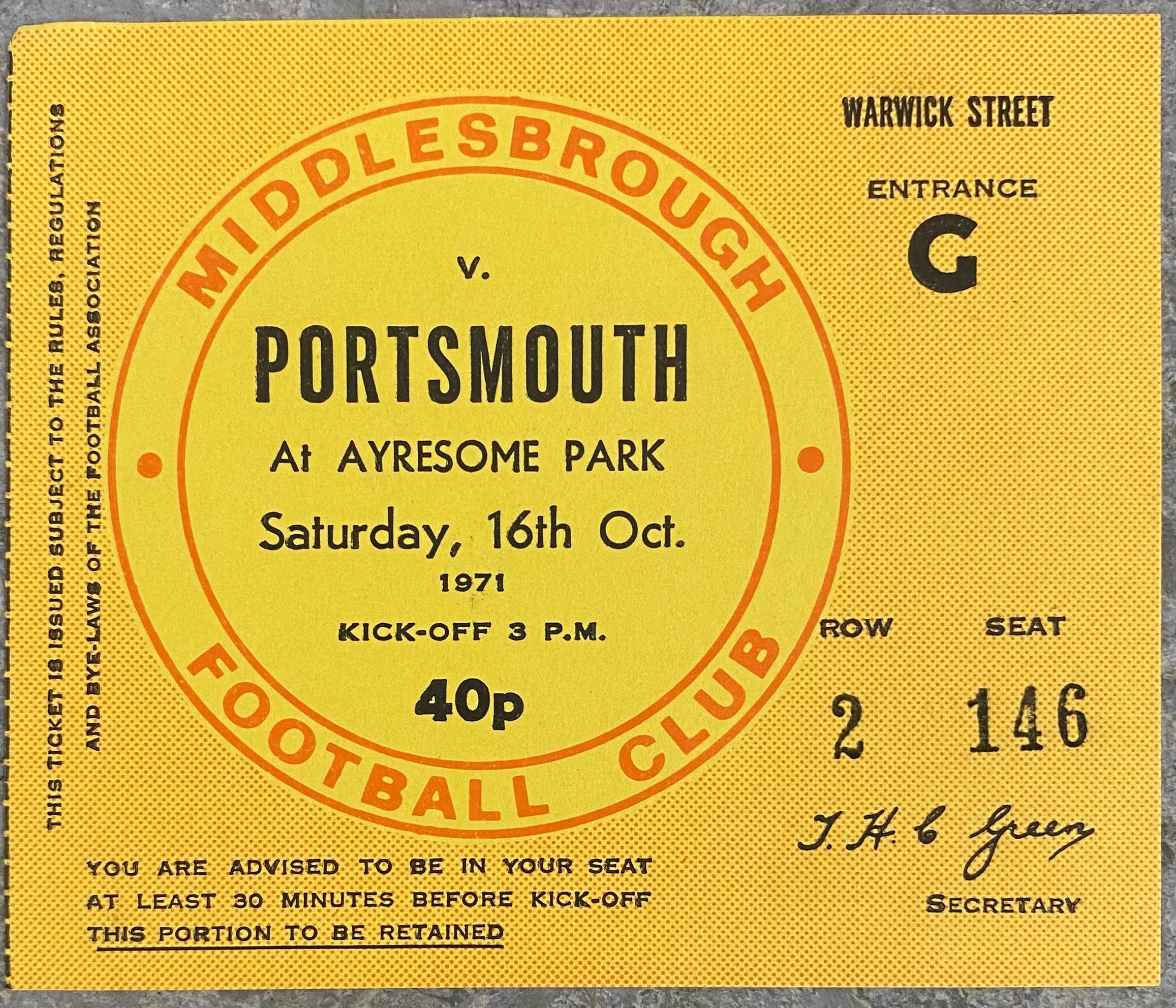 1971/72 ORIGINAL DIVISION 2 TICKET MIDDLESBROUGH V PORTSMOUTH