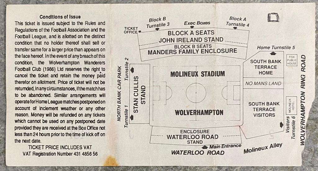 1992/93 ORIGINAL DIVISION 1 TICKET WOLVERHAMPTON WANDERERS V BARNSLEY