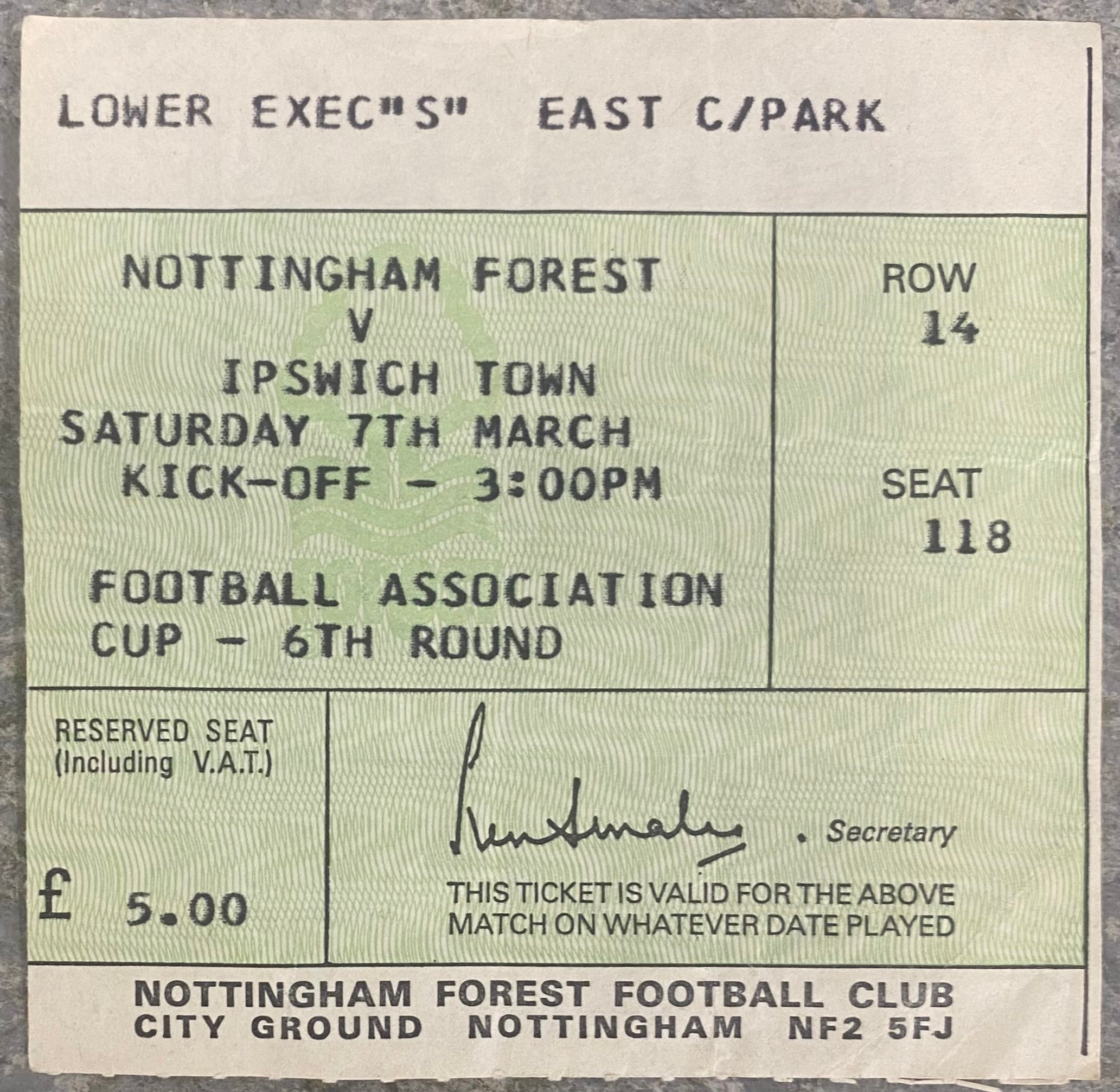 1980/81 ORIGINAL FA CUP 6TH ROUND TICKET NOTTINGHAM FOREST V IPSWICH TOWN