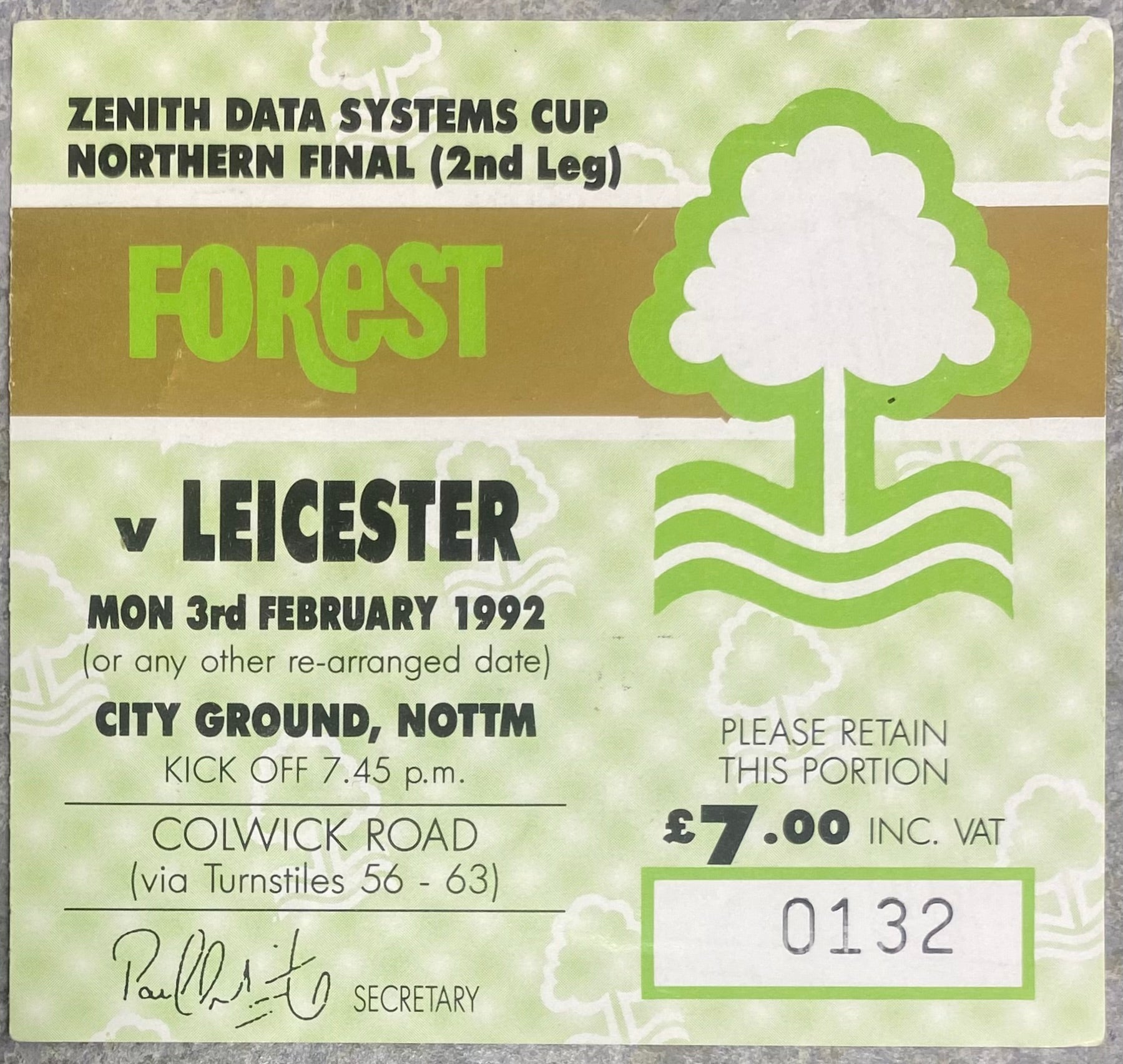 1991/92 ORIGINAL ZENITH DATA CUP NORTHERN FINAL 2ND LEG TICKET NOTTINGHAM FOREST V LEICESTER CITY