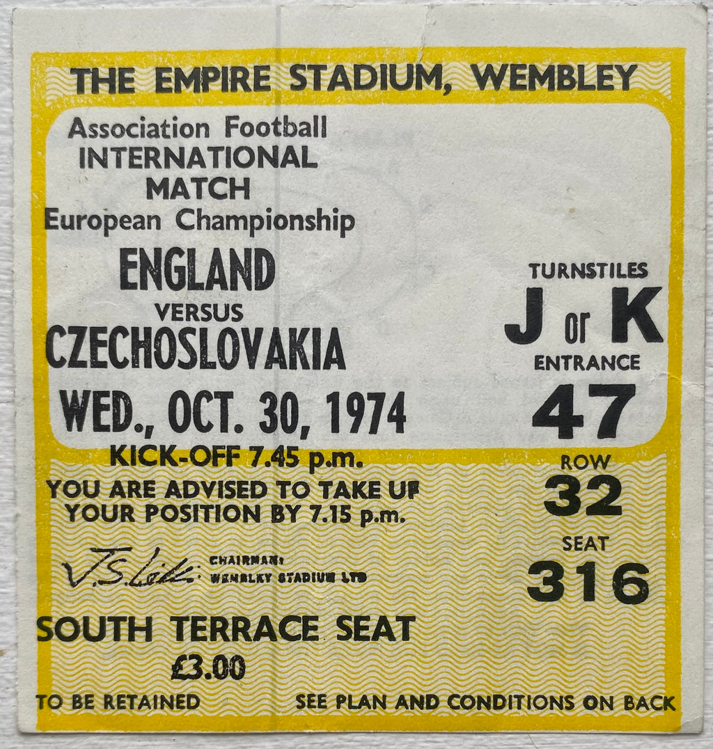 1974 ORIGINAL EUROPEAN CHAMPIONSHIPS QUALIFYING TICKET ENGLAND V CZECHOSLOVAKIA