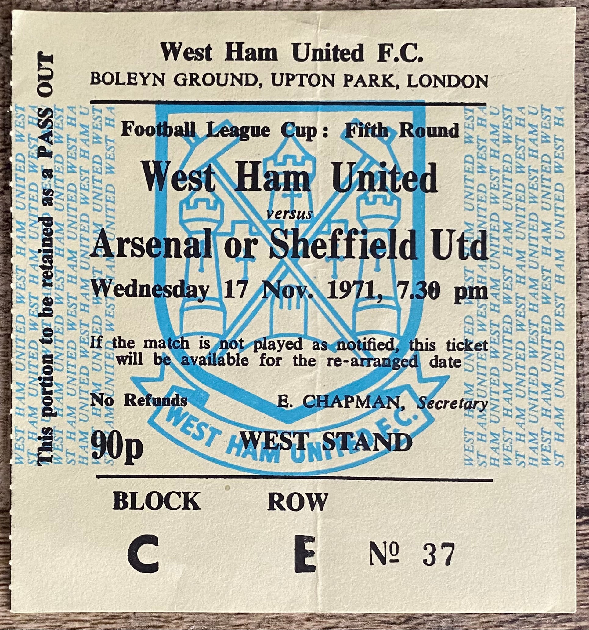 1971/72 ORIGINAL LEAGUE CUP 5TH ROUND TICKET WEST HAM UNITED V SHEFFIELD UNITED