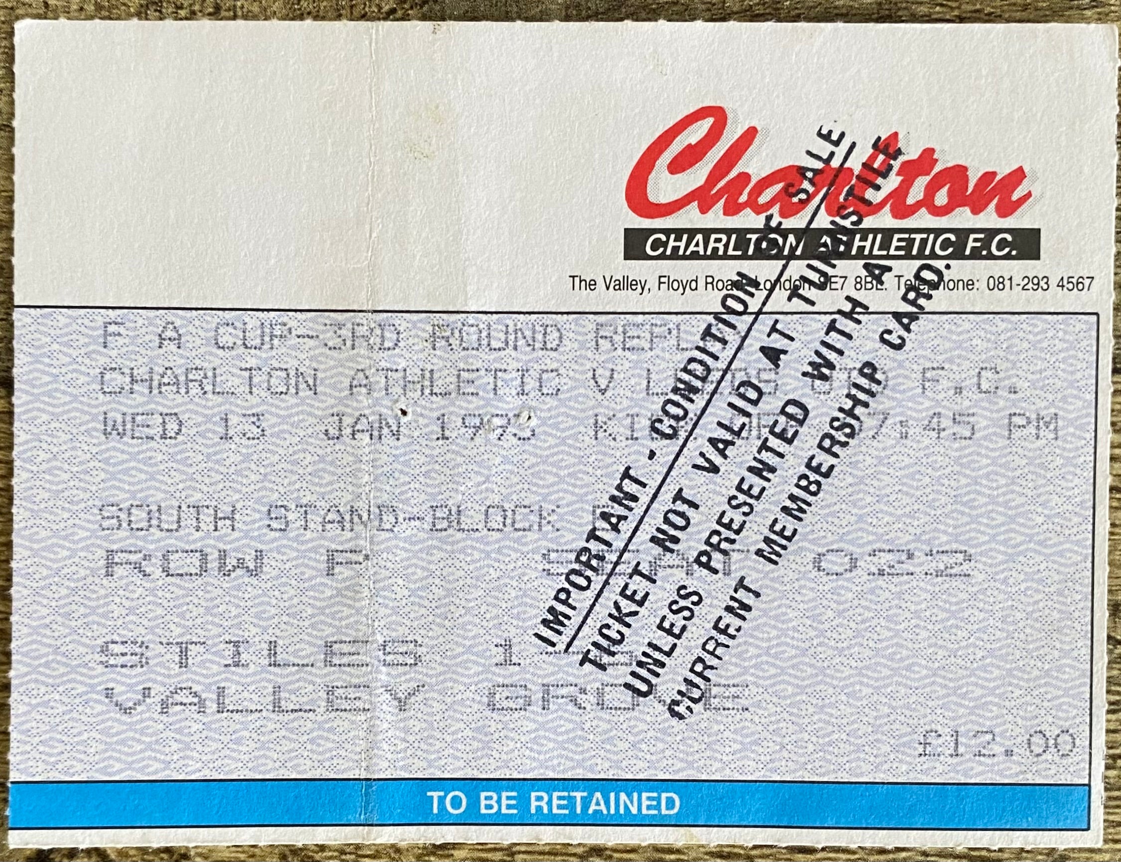 1992/93 ORIGINAL FA CUP 3RD ROUND TICKET CHARLTON ATHLETIC V LEEDS UNITED