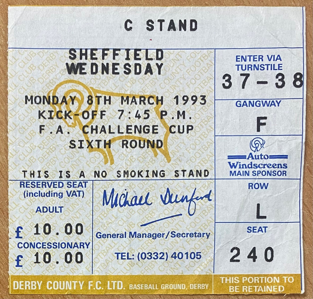 1992/93 ORIGINAL FA CUP 6TH  ROUND TICKET DERBY COUNTY V SHEFFIELD WEDNESDAY