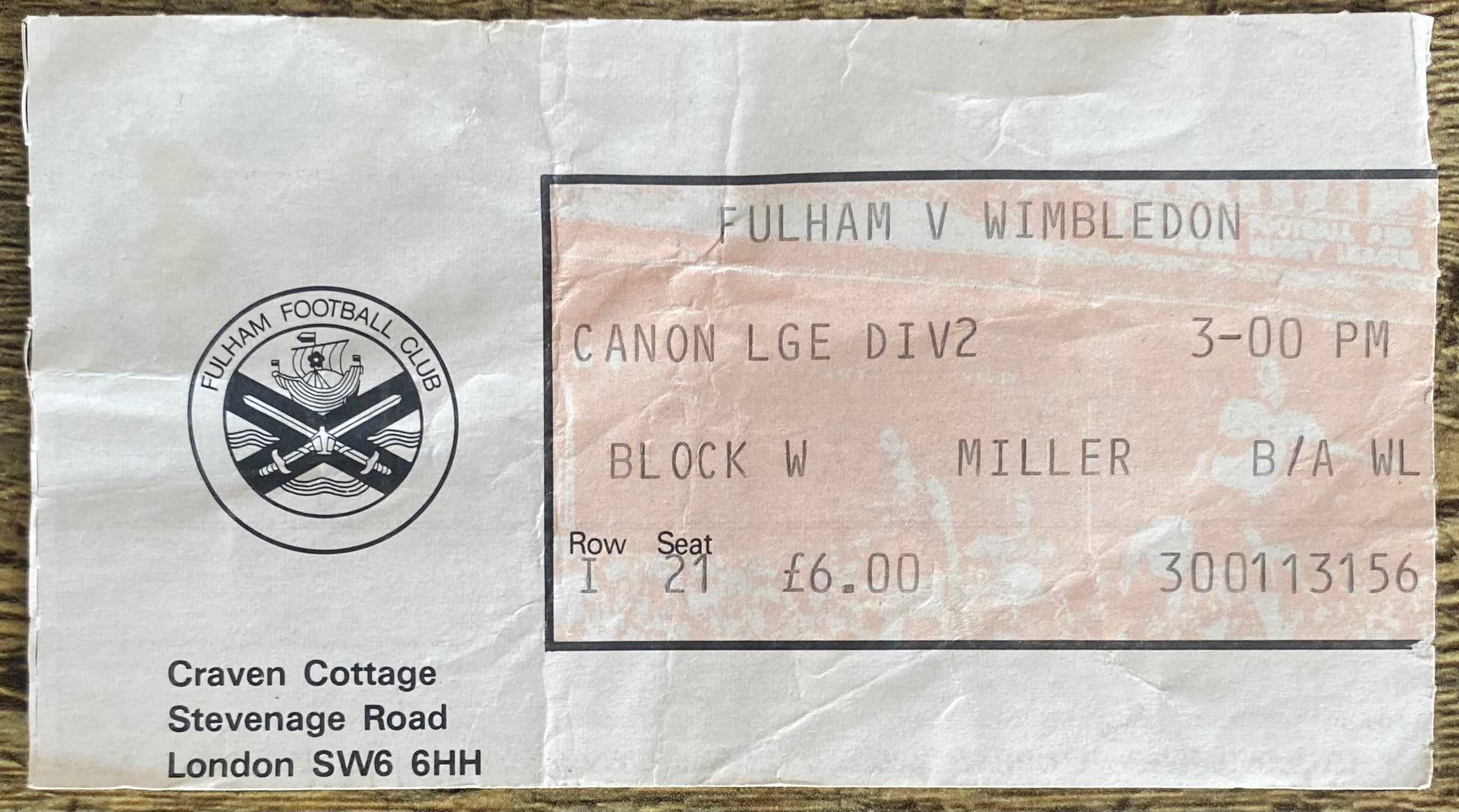 1985/86 ORIGINAL DIVISION 2 TICKET FULHAM V WIMBLEDON