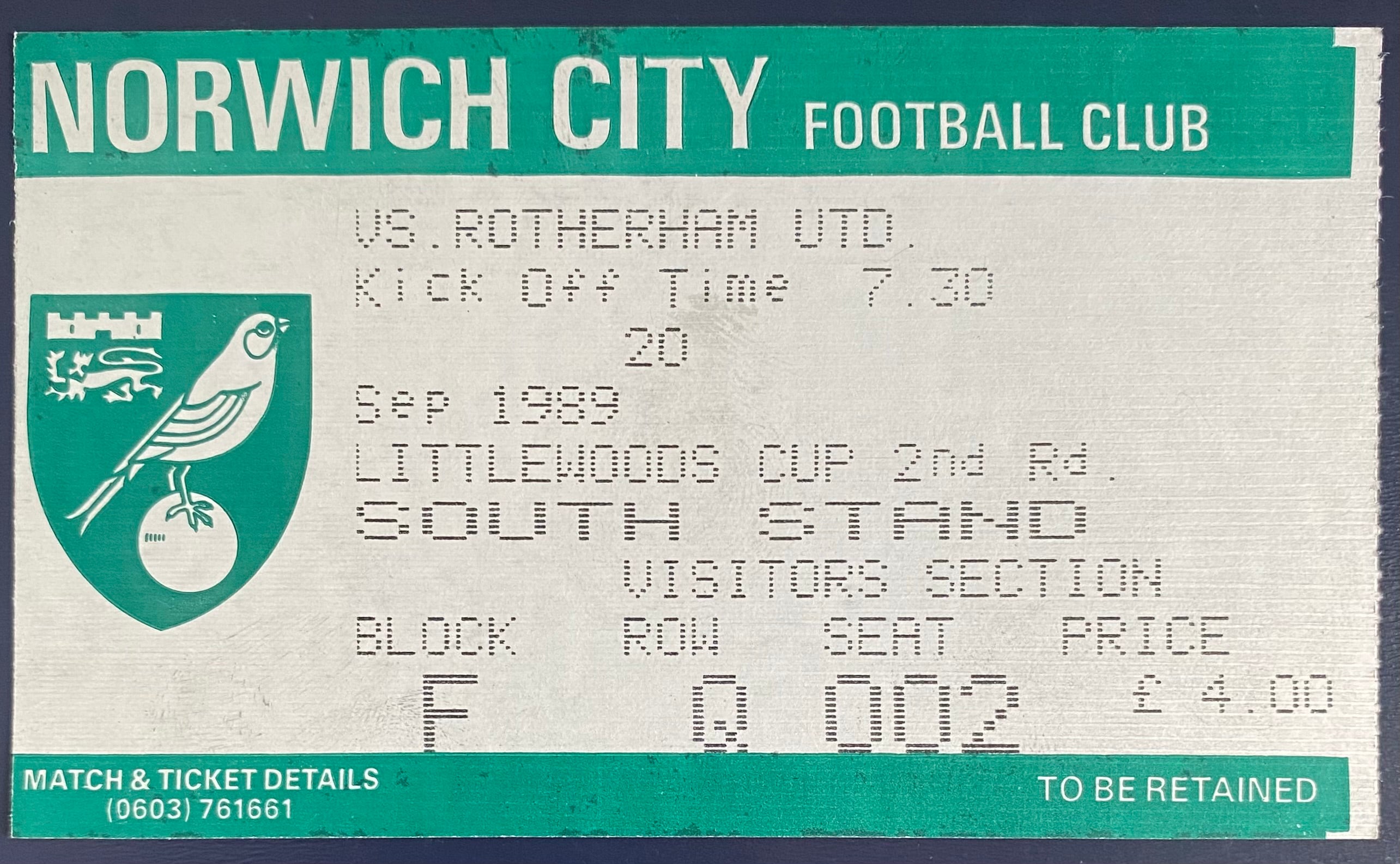1989/90 ORIGINAL LITTLEWOODS CUP 2ND ROUND 1ST LEG TICKET NORWICH CITY V ROTHERHAM UNITED
