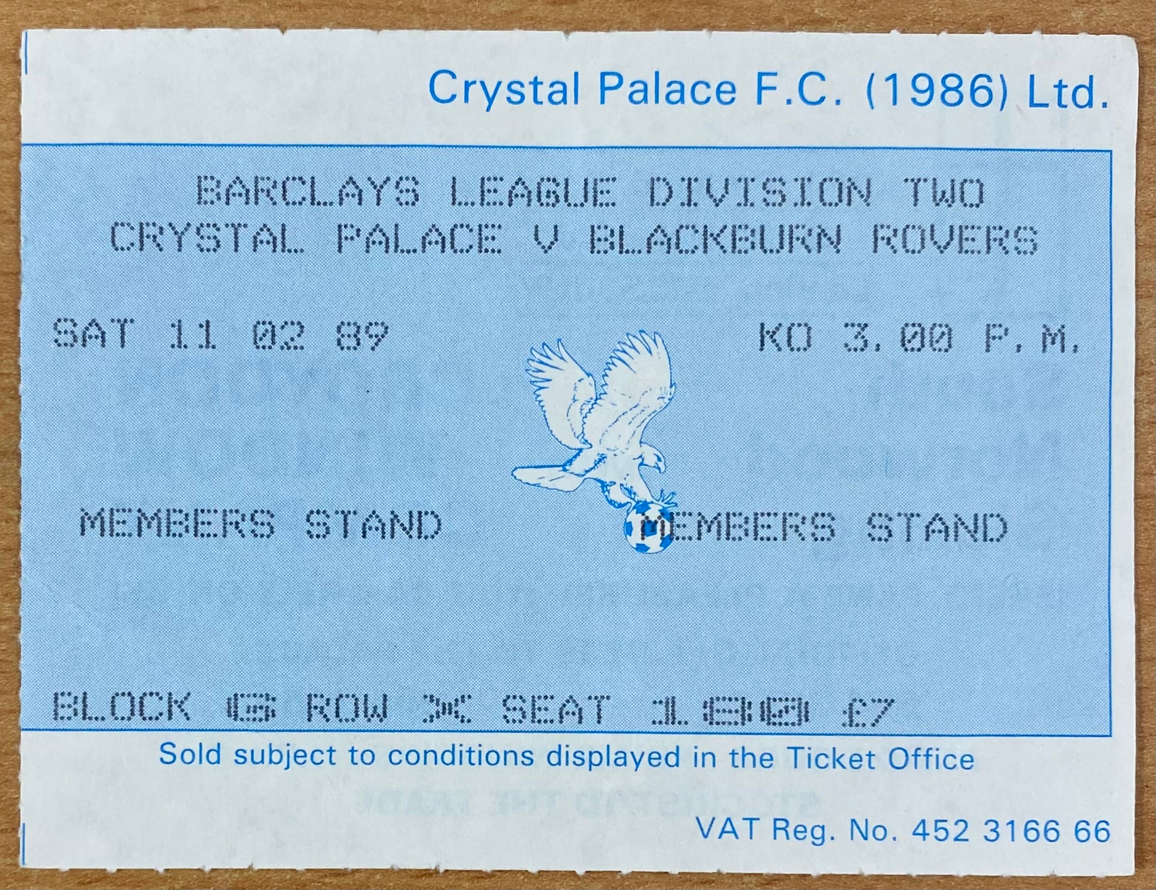 1988/89 ORIGINAL DIVISION 2 TICKET CRYSTAL PALACE V BLACKBURN ROVERS