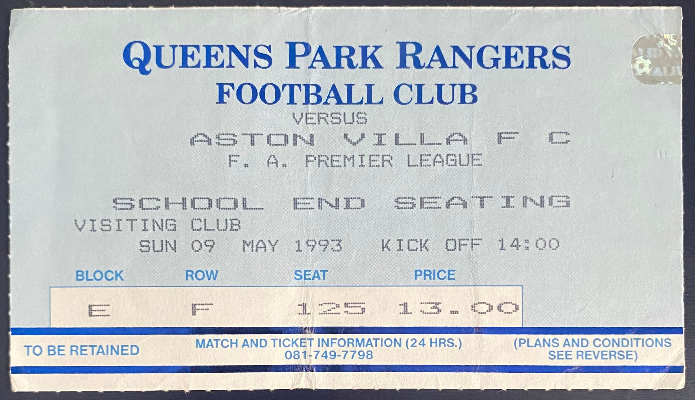 1992/93 ORIGINAL PREMIER LEAGUE TICKET QUEENS PARK RANGERS V ASTON VILLA