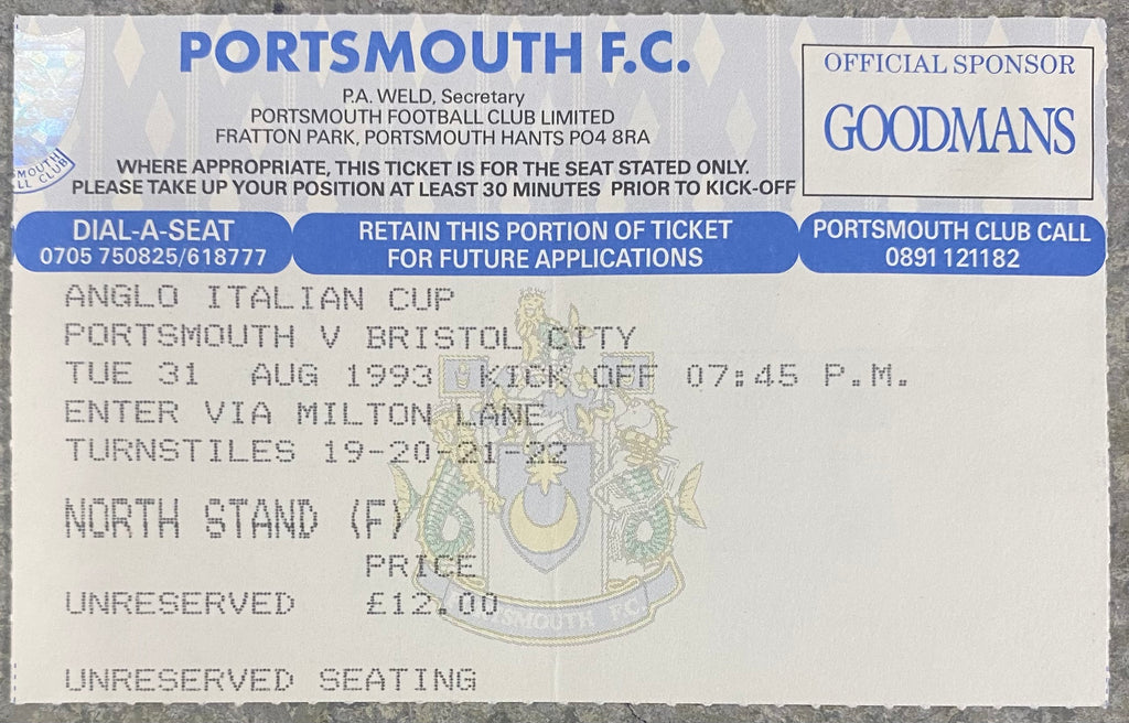 1993/94 ORIGINAL ANGLO ITALIAN CUP TICKET PORTSMOUTH V BRISTOL CITY