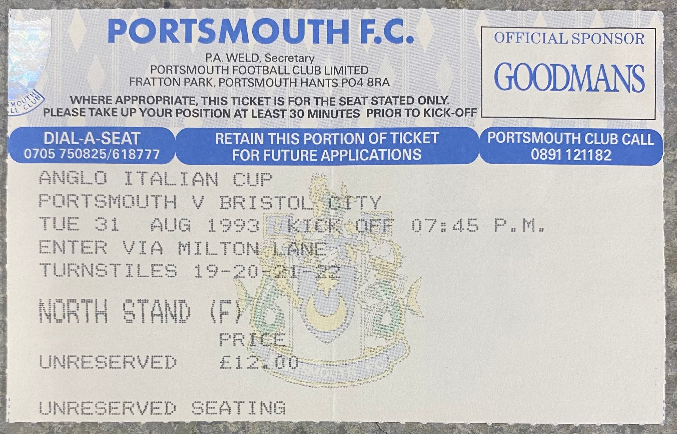 1993/94 ORIGINAL ANGLO ITALIAN CUP TICKET PORTSMOUTH V BRISTOL CITY