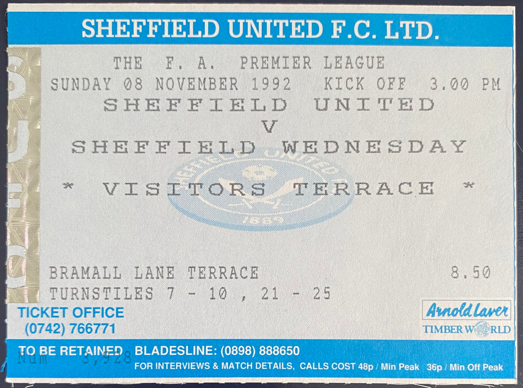 1992/93 ORIGINAL PREMIER LEAGUE TICKET SHEFFIELD UNITED V SHEFFIELD WEDNESDAY