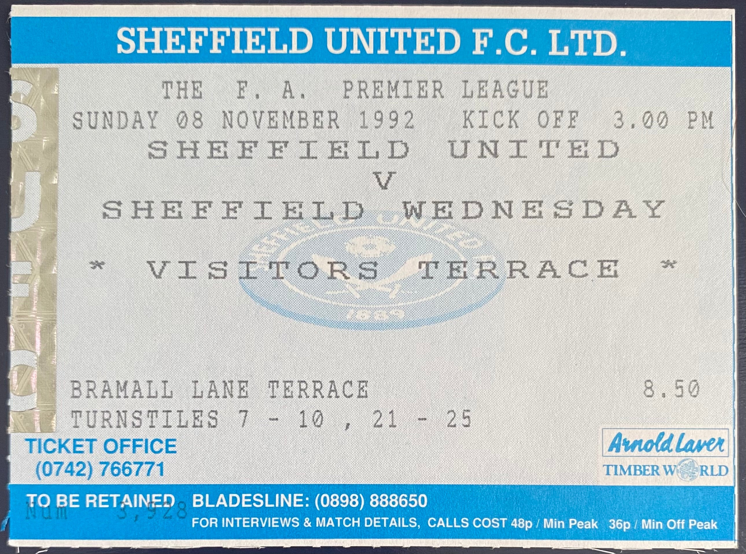 1992/93 ORIGINAL PREMIER LEAGUE TICKET SHEFFIELD UNITED V SHEFFIELD WEDNESDAY