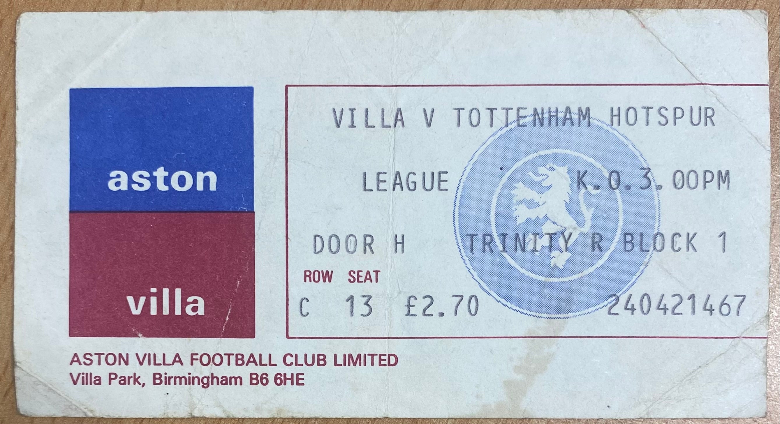 1979/80 ORIGINAL DIVISION 1 TICKET ASTON VILLA V TOTTENHAM HOTSPUR