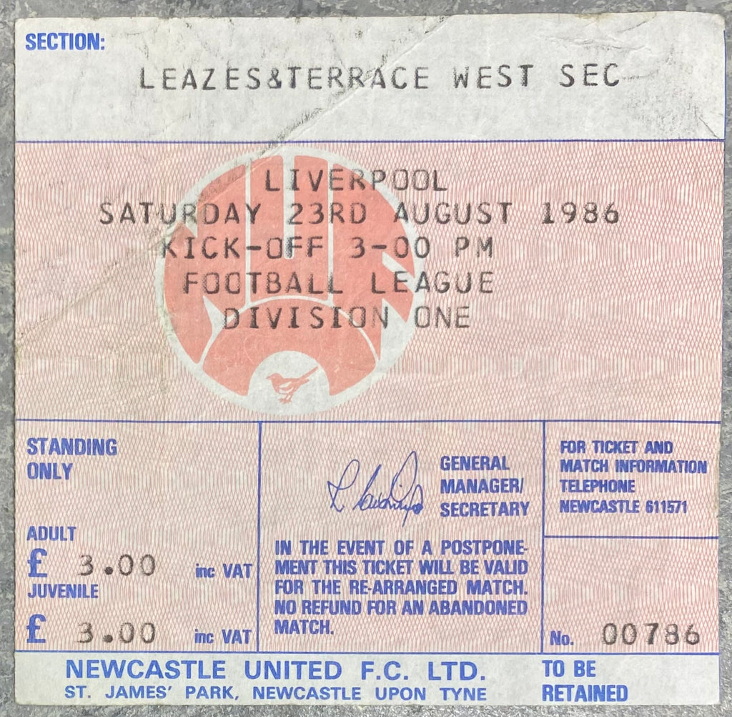 1986/87 ORIGINAL DIVISION ONE TICKET NEWCASTLE UNITED V LIVERPOOL