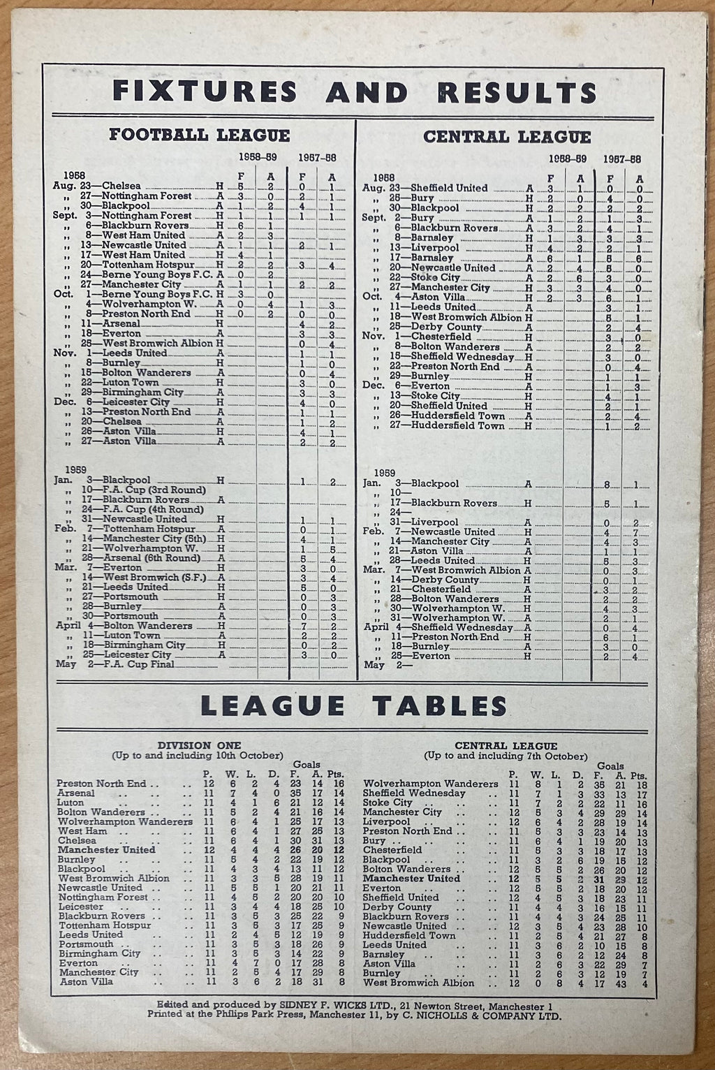 1958/59 ORIGINAL DIVISION ONE PROGRAMME MANCHESTER UNITED V ARSENAL