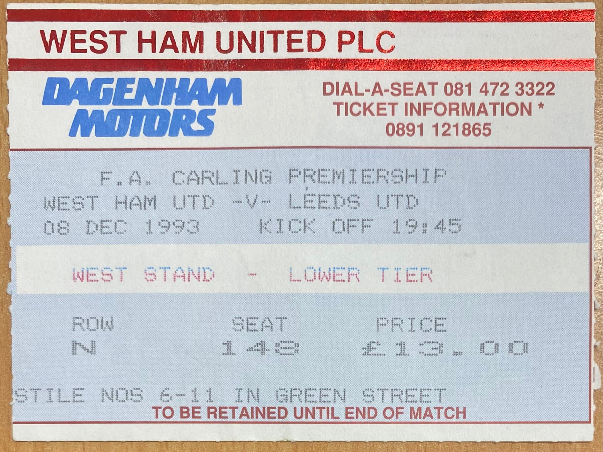 1993/94 ORIGINAL FA PREMIERSHIP TICKET WEST HAM UNITED V LEEDS UNITED