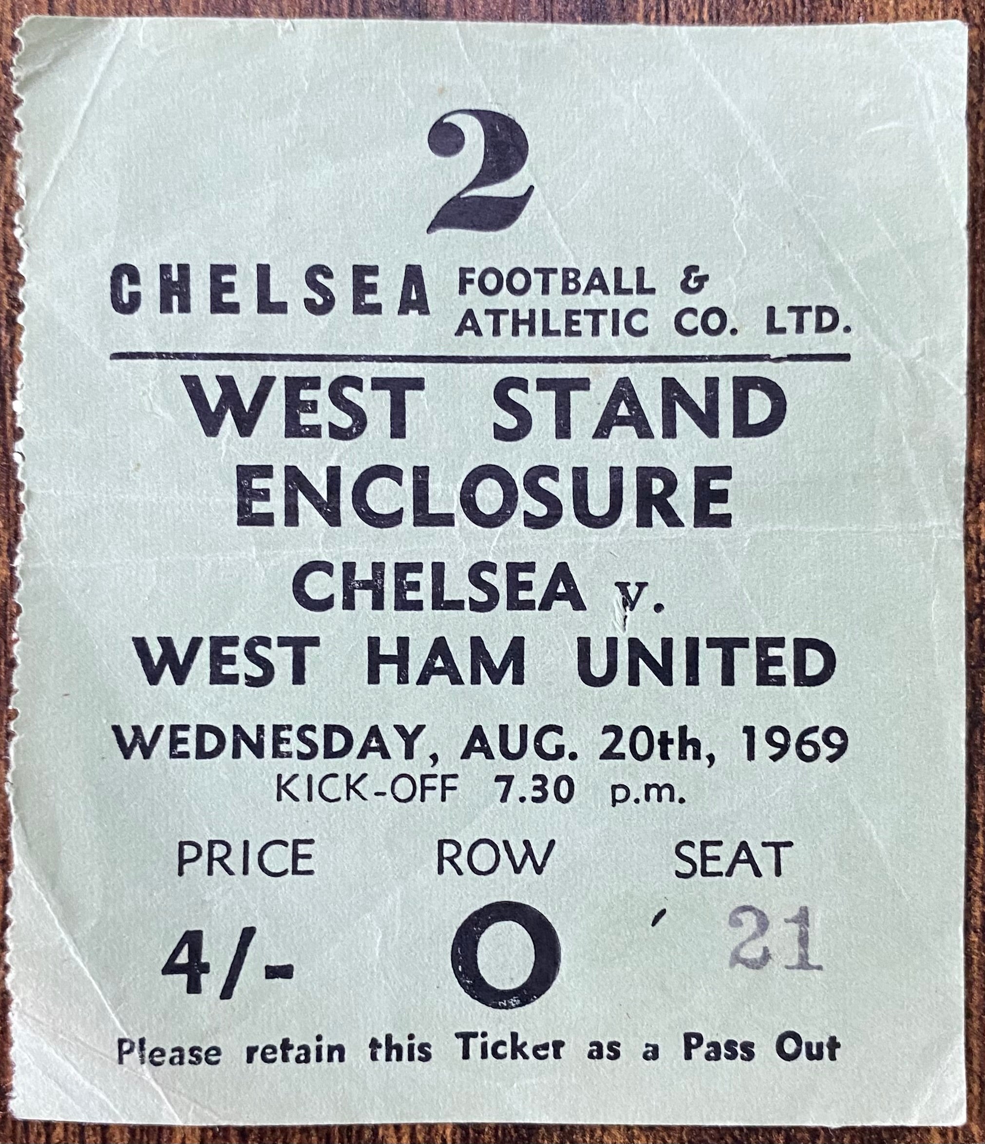 1969/70 ORIGINAL DIVISION 1 TICKET CHELSEA V WEST HAM UNITED
