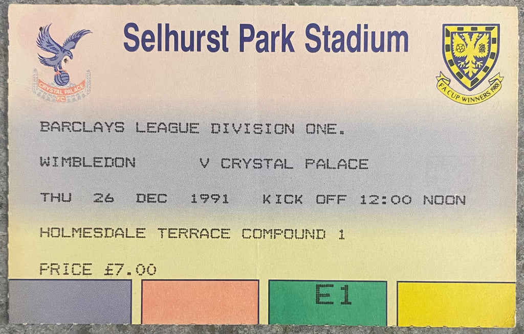 1991/92 ORIGINAL DIVISION ONE TICKET WIMBLEDON V CRYSTAL PALACE
