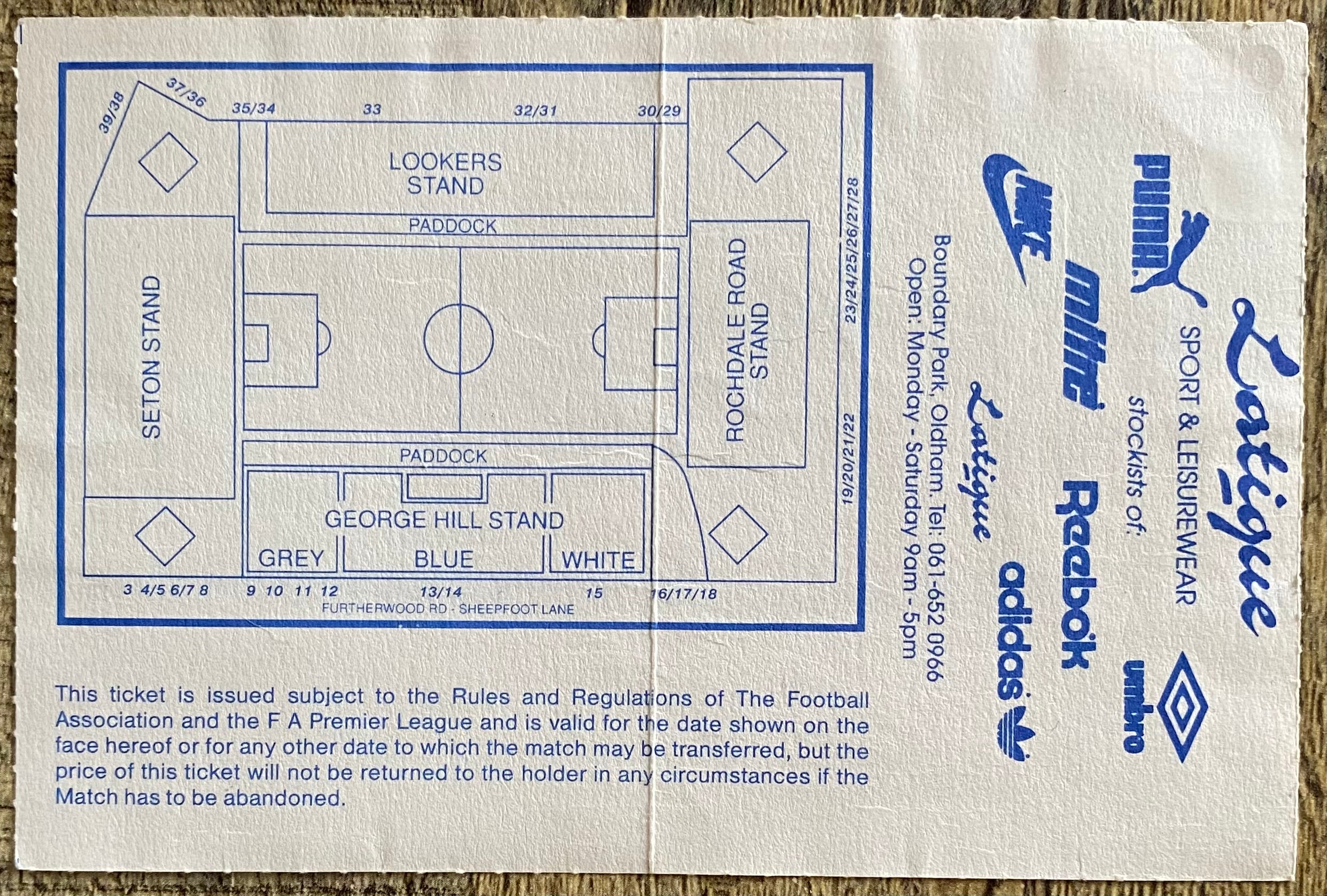 1993/94 ORIGINAL FA PREMIERSHIP TICKET OLDHAM ATHLETIC V NEWCASTLE UNITED