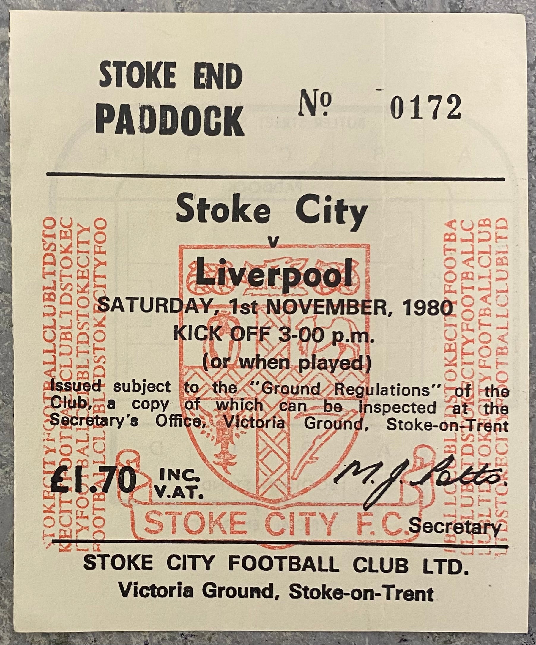 1980/81 ORIGINAL DIVISION 1 TICKET STOKE CITY V LIVERPOOL