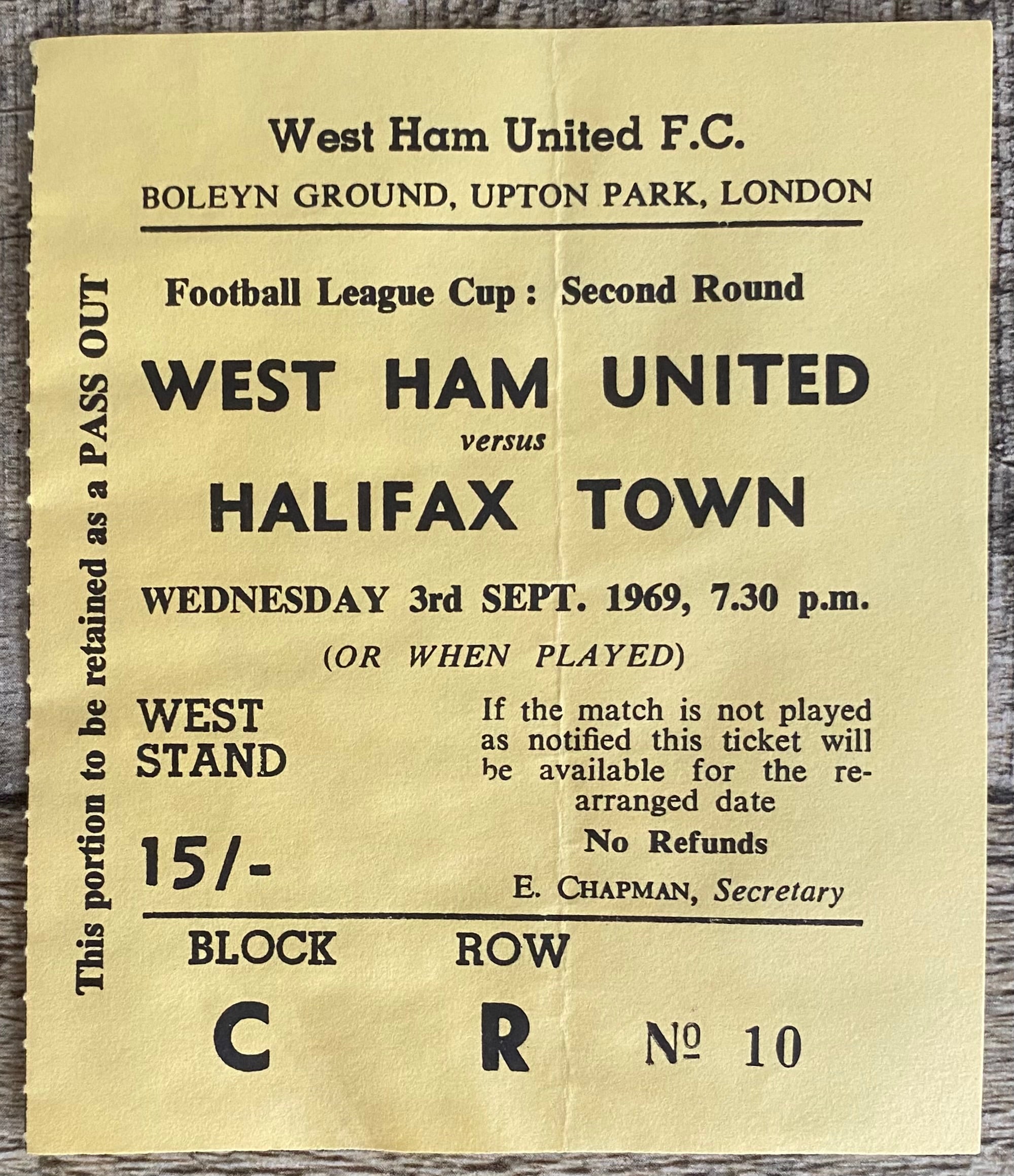1968/69 ORIGINAL LEAGUE CUP 2ND ROUND TICKET WEST HAM UNITED V HALIFAX TOWN