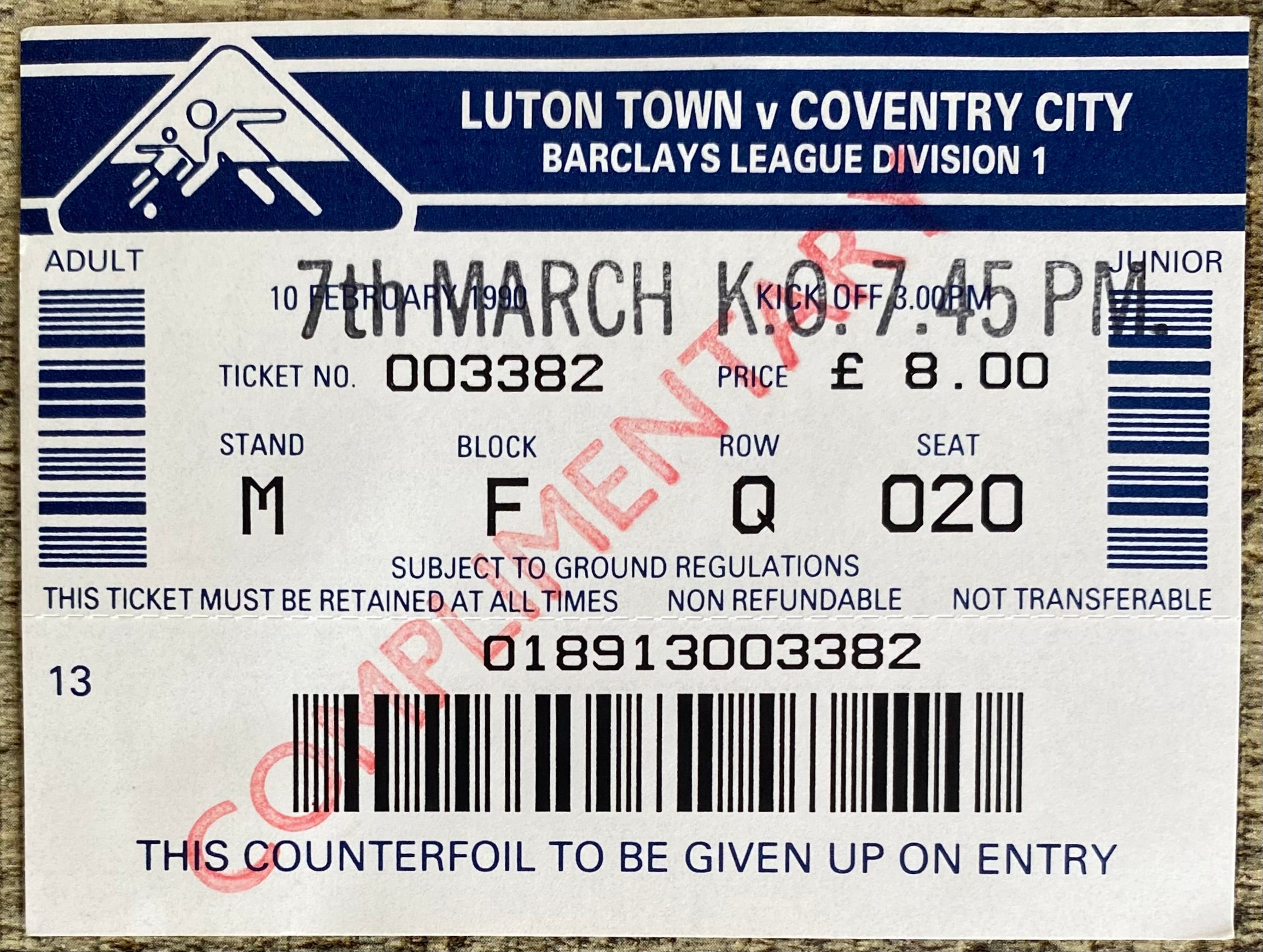 1989/90 ORIGINAL DIVISION 1 UNUSED TICKET LUTON TOWN V COVENTRY CITY
