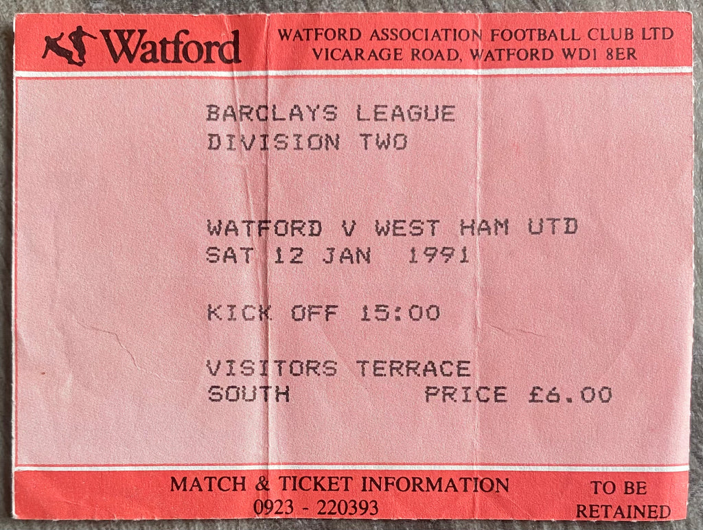 1990/91 ORIGINAL DIVISION 2 TICKET WATFORD V WEST HAM UNITED