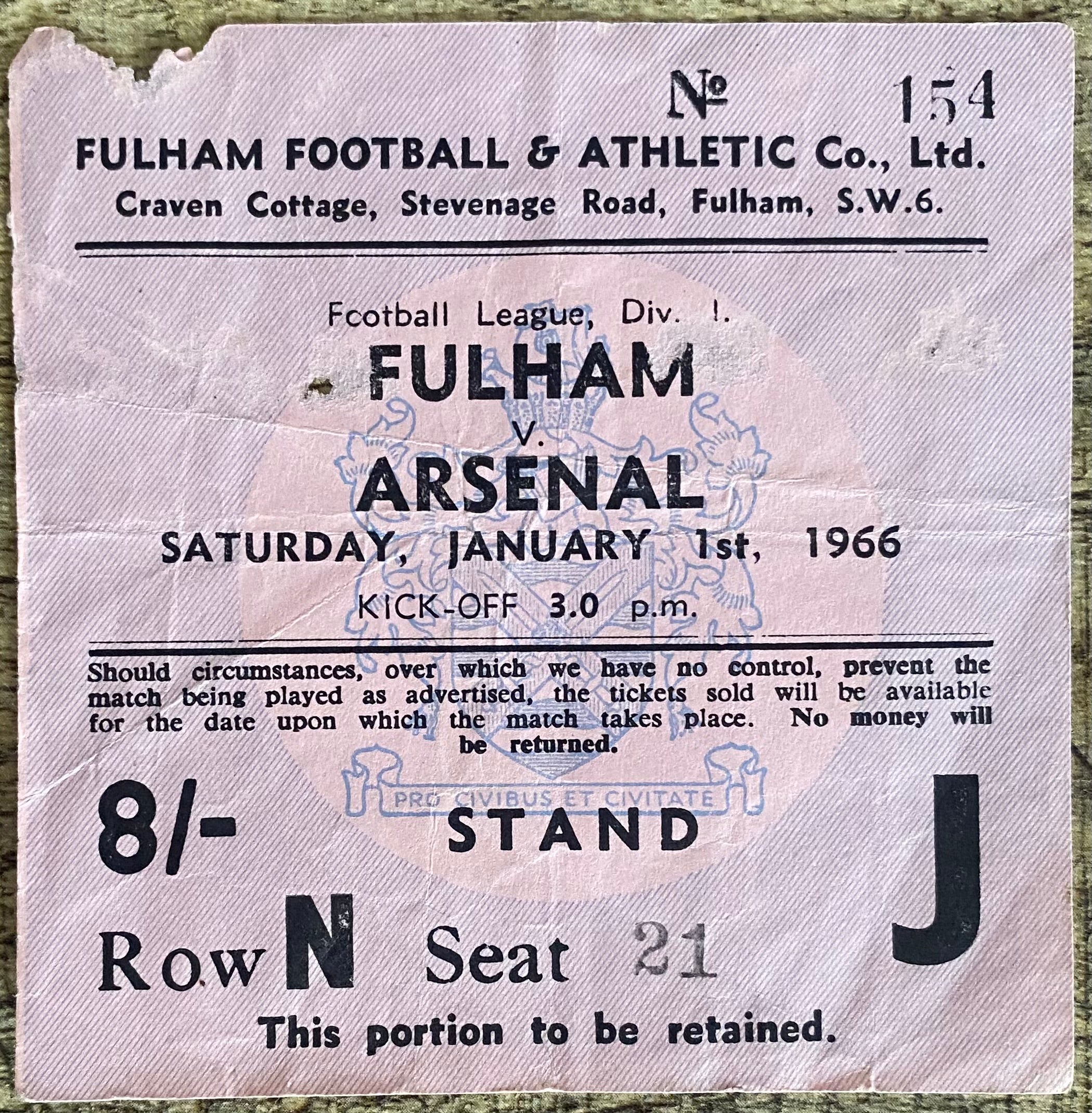 1965/66 ORIGINAL DIVISION 1 TICKET FULHAM V ARSENAL