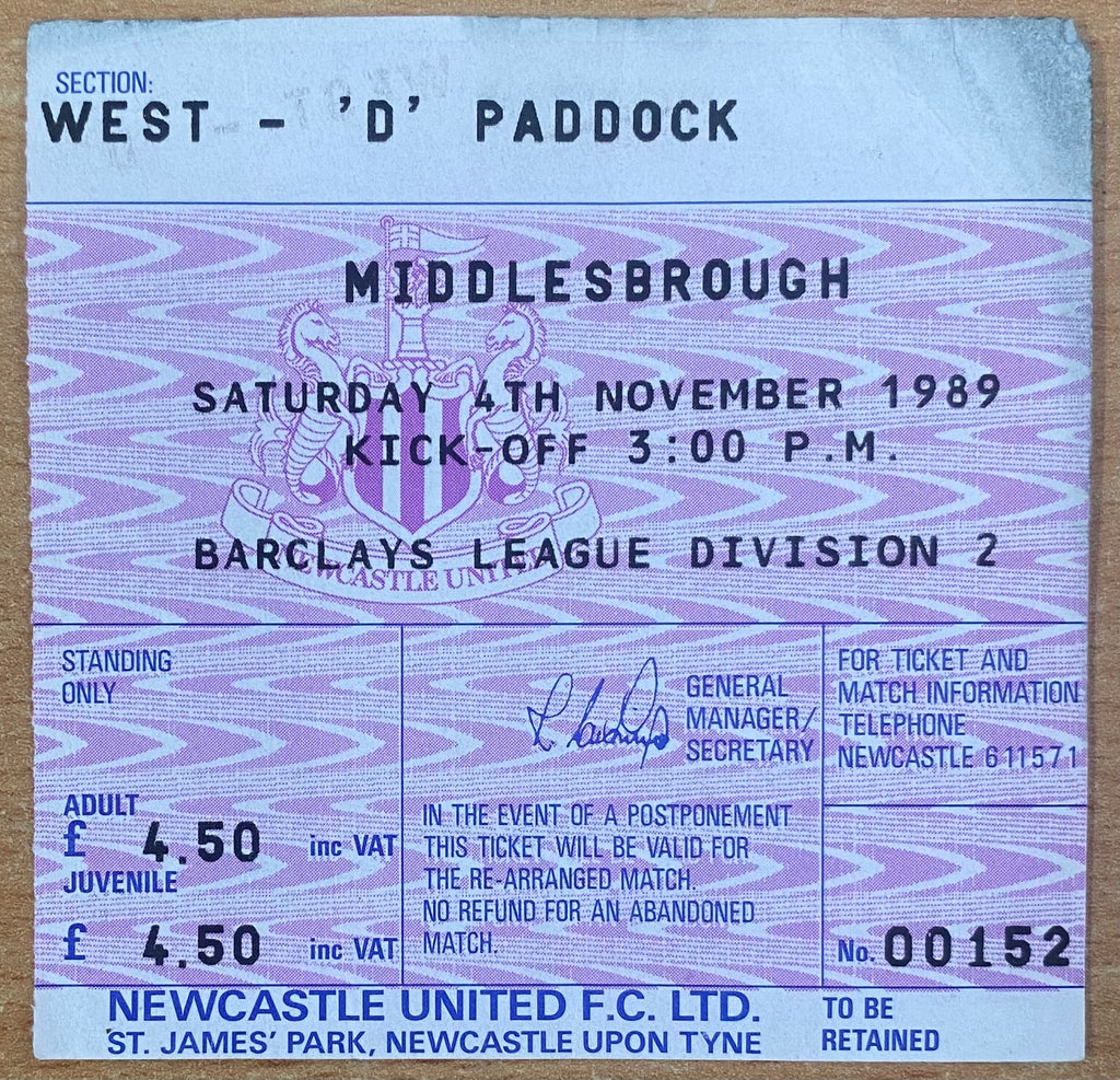 1989/90 ORIGINAL DIVISION 2 TICKET NEWCASTLE UNITED V MIDDLESBROUGH