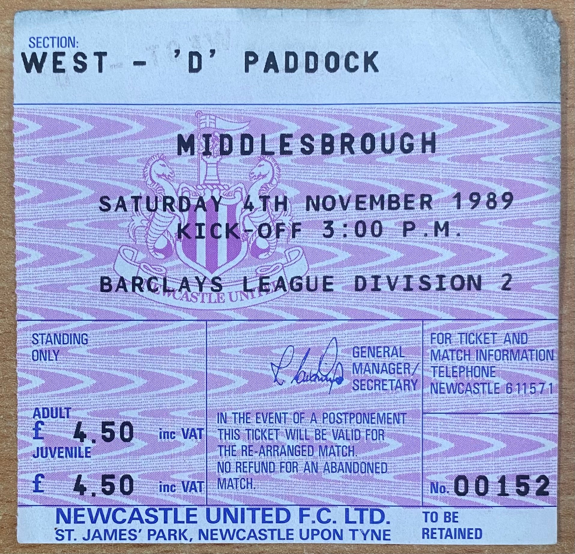 1989/90 ORIGINAL DIVISION 2 TICKET NEWCASTLE UNITED V MIDDLESBROUGH