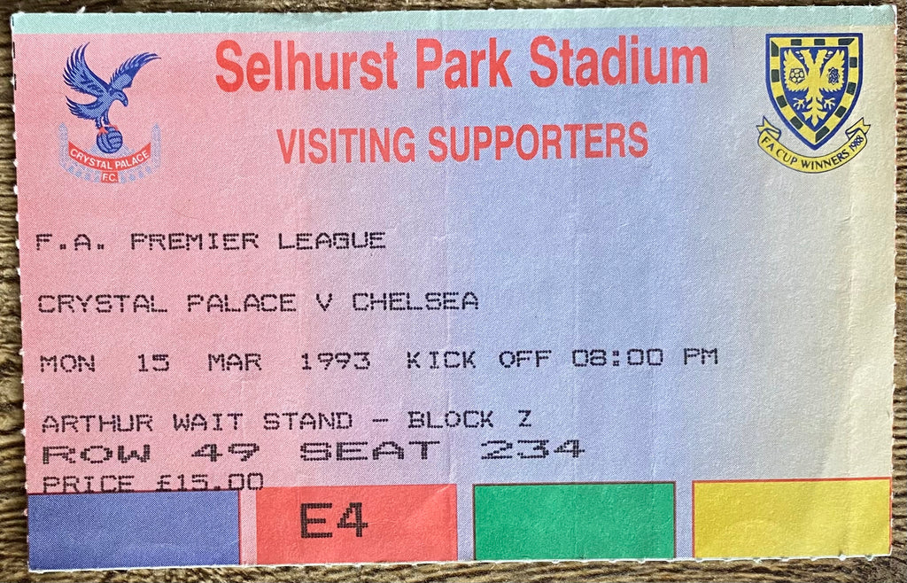 1992/93 ORIGINAL FA PREMIER LEAGUE TICKET CRYSTAL PALACE V CHELSEA