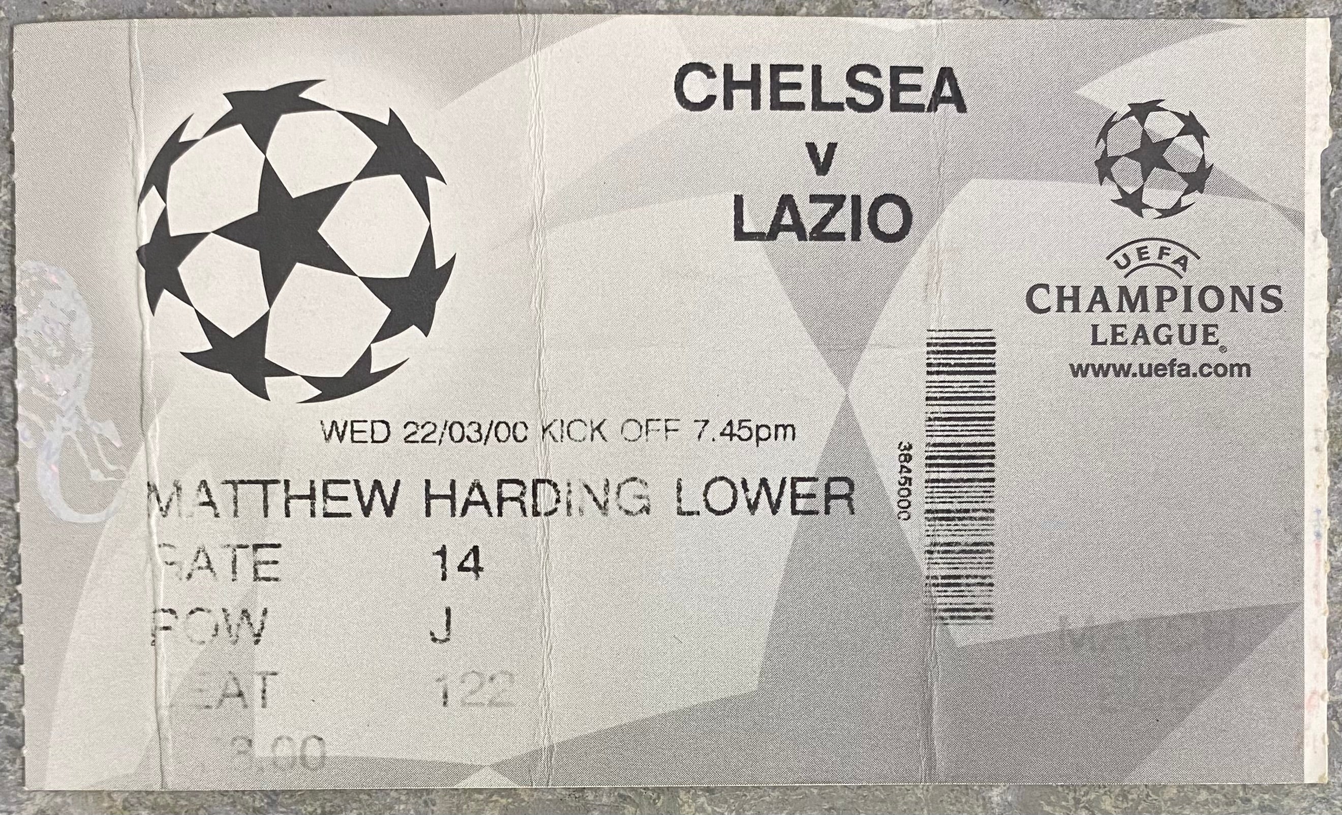 1999/2000 ORIGINAL CHAMPIONS LEAGUE PHASE 2 GROUP D TICKET CHELSEA V LAZIO