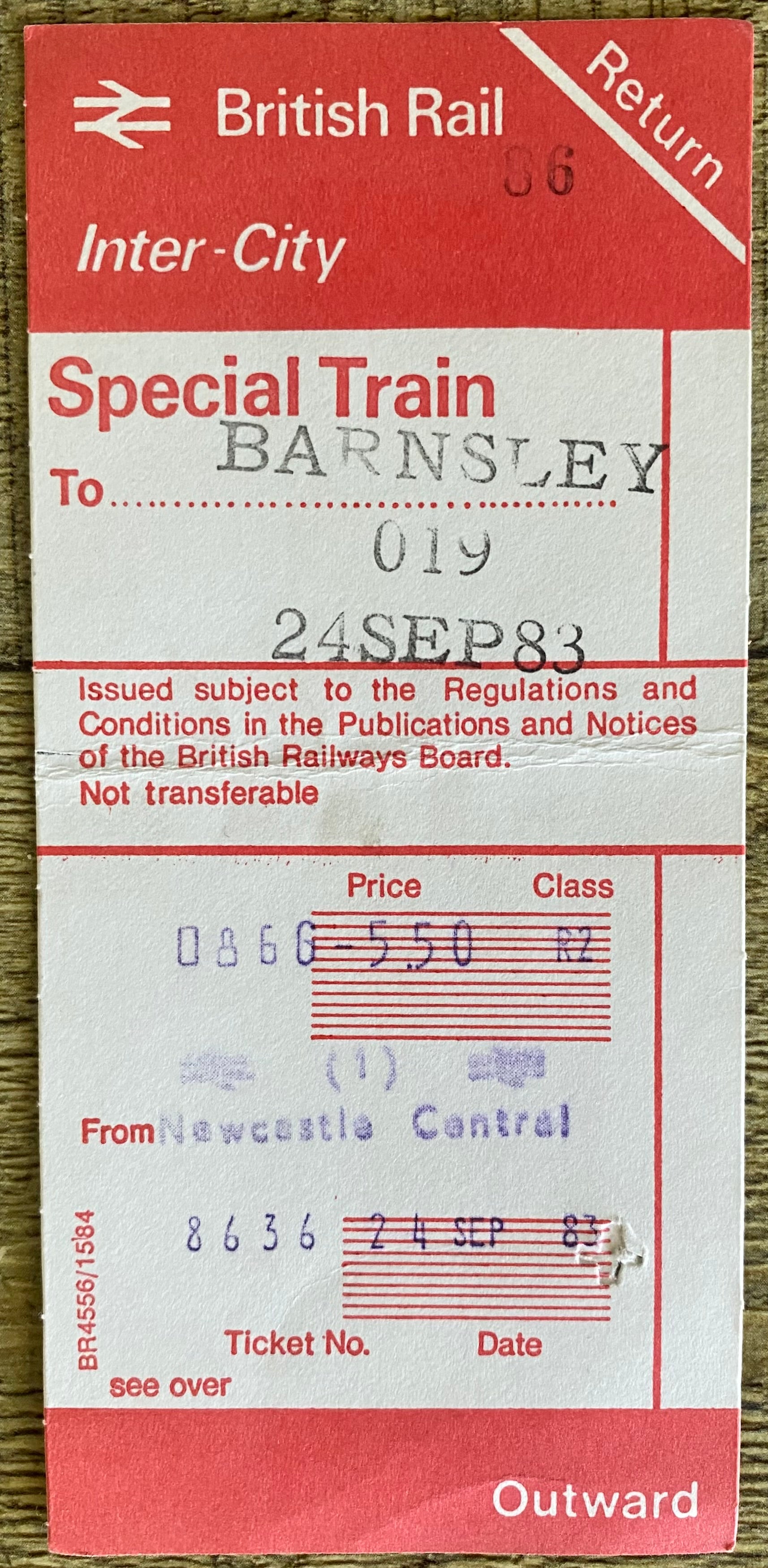 1983 ORIGINAL FOOTBALL SPECIAL BRITISH RAIL TRAIN TICKET NEWCASTLE UNITED TRAVELLING TO BARNSLEY